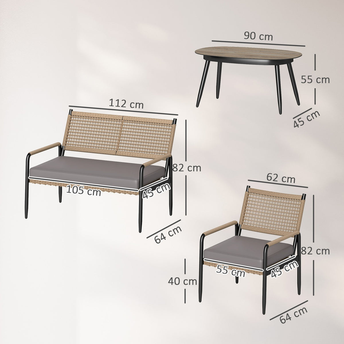 Garden furniture set made of polyrattan lounge set with 2 sofa chairs glass table cushions weatherproof seating group for 4 people outdoor balcony furniture set patio furniture for garden balcony dark gray + yellow |