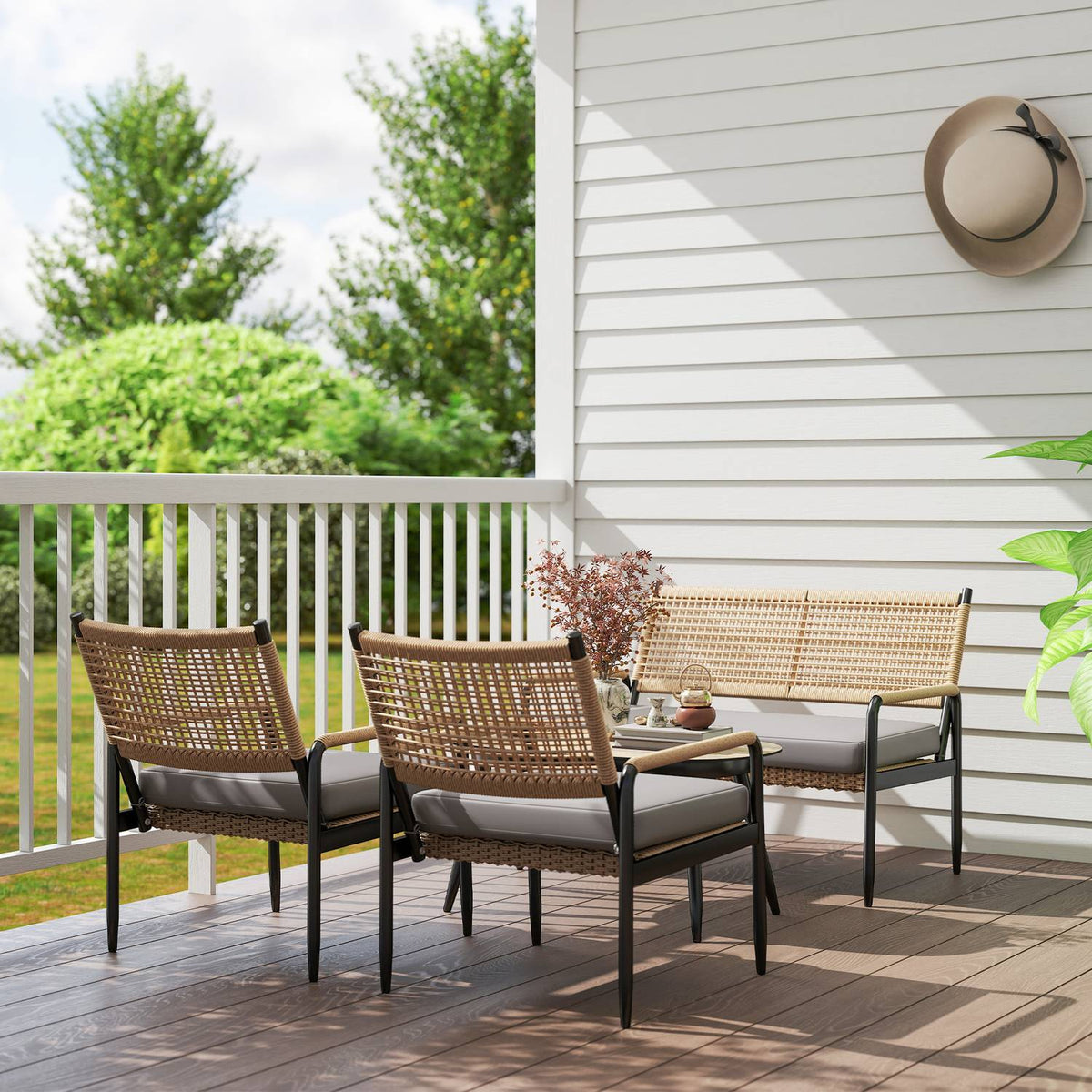 Garden furniture set made of polyrattan lounge set with 2 sofa chairs glass table cushions weatherproof seating group for 4 people outdoor balcony furniture set patio furniture for garden balcony dark gray + yellow |