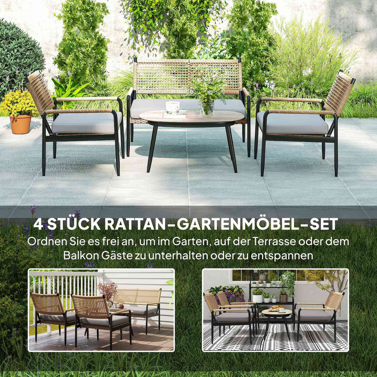 Garden furniture set made of polyrattan lounge set with 2 sofa chairs glass table cushions weatherproof seating group for 4 people outdoor balcony furniture set patio furniture for garden balcony dark gray + yellow |
