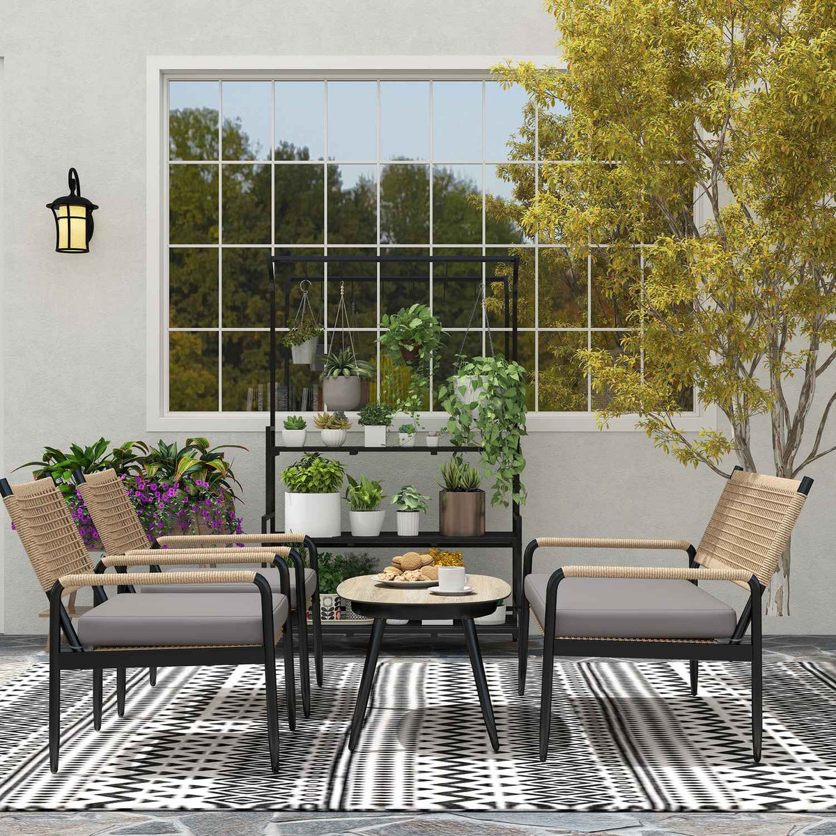 Garden furniture set made of polyrattan lounge set with 2 sofa chairs glass table cushions weatherproof seating group for 4 people outdoor balcony furniture set patio furniture for garden balcony dark gray + yellow |