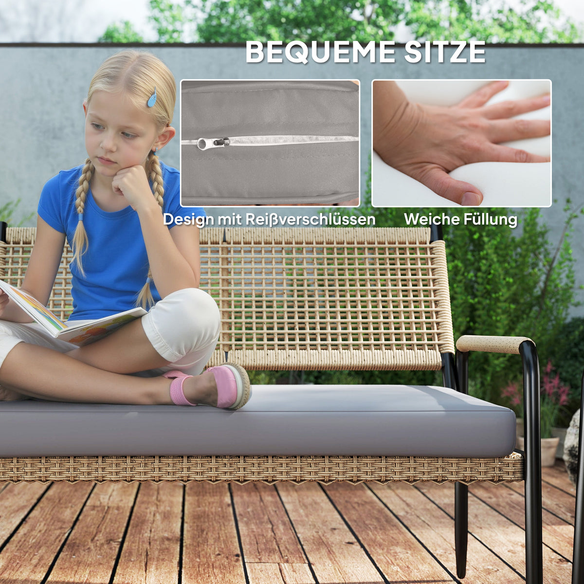 Garden furniture set made of polyrattan lounge set with 2 sofa chairs glass table cushions weatherproof seating group for 4 people outdoor balcony furniture set patio furniture for garden balcony dark gray + yellow |