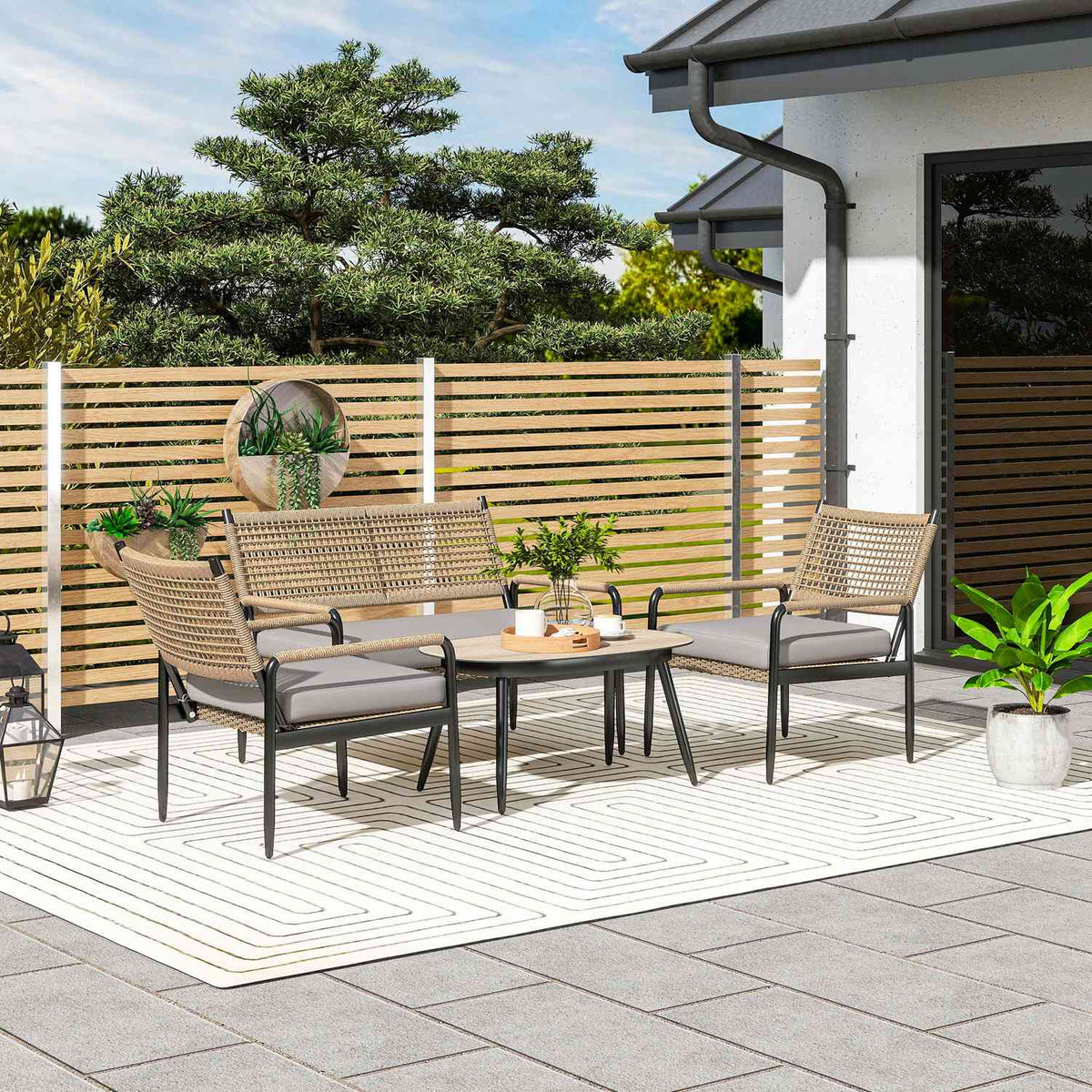 Garden furniture set made of polyrattan lounge set with 2 sofa chairs glass table cushions weatherproof seating group for 4 people outdoor balcony furniture set patio furniture for garden balcony dark gray + yellow |