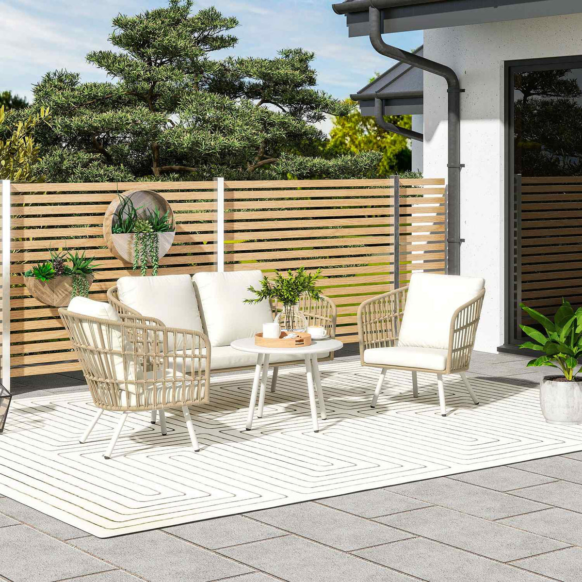 Garden furniture set made of polyrattan lounge set with 2 sofa chairs table cushions weatherproof seating group for 4 people outdoor balcony furniture set patio furniture for garden balcony terrace khaki |