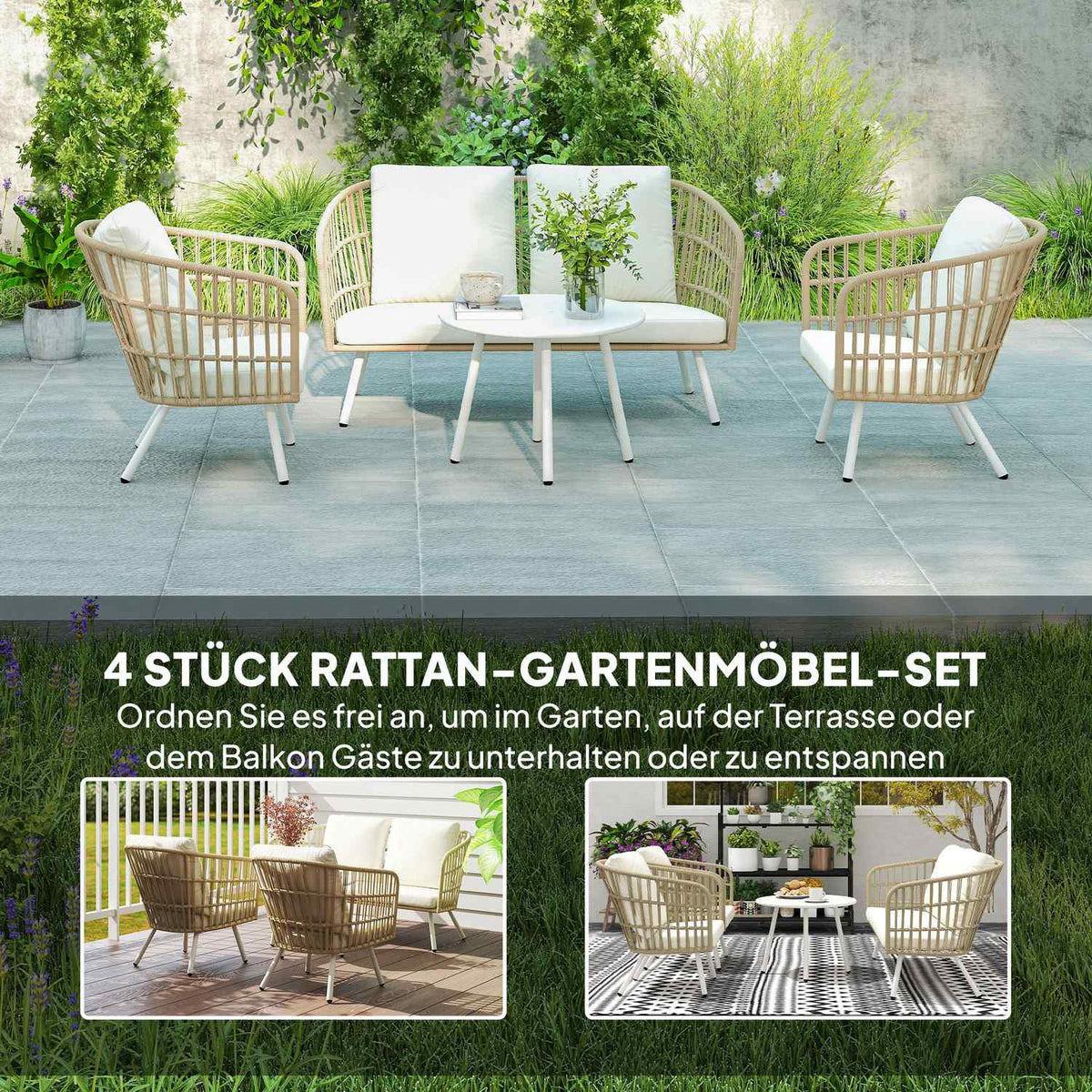 Garden furniture set made of polyrattan lounge set with 2 sofa chairs table cushions weatherproof seating group for 4 people outdoor balcony furniture set patio furniture for garden balcony terrace khaki |