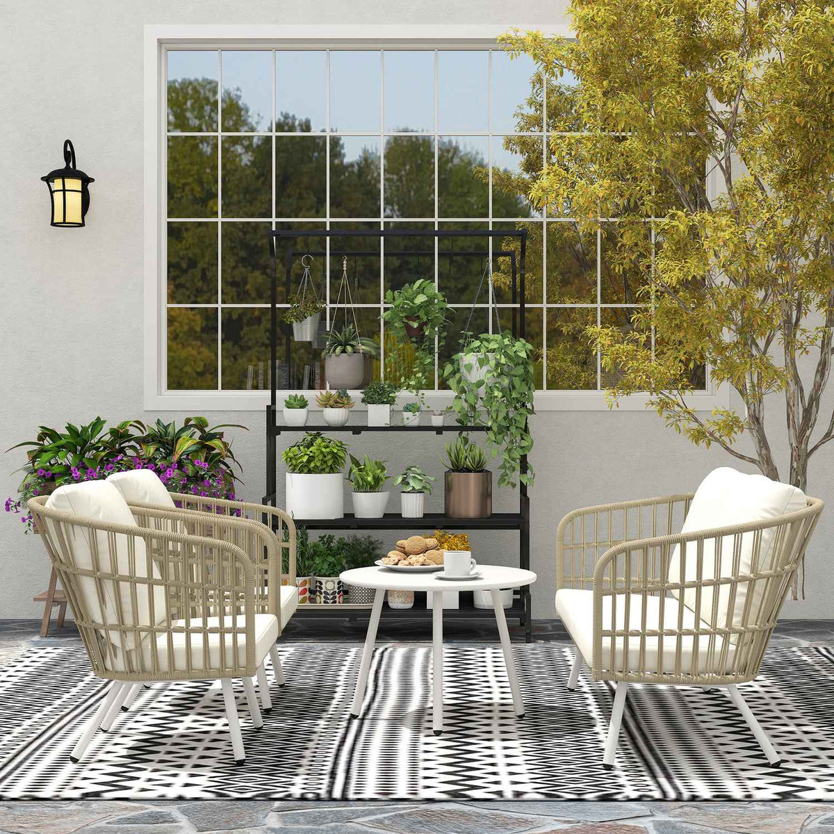 Garden furniture set made of polyrattan lounge set with 2 sofa chairs table cushions weatherproof seating group for 4 people outdoor balcony furniture set patio furniture for garden balcony terrace khaki |