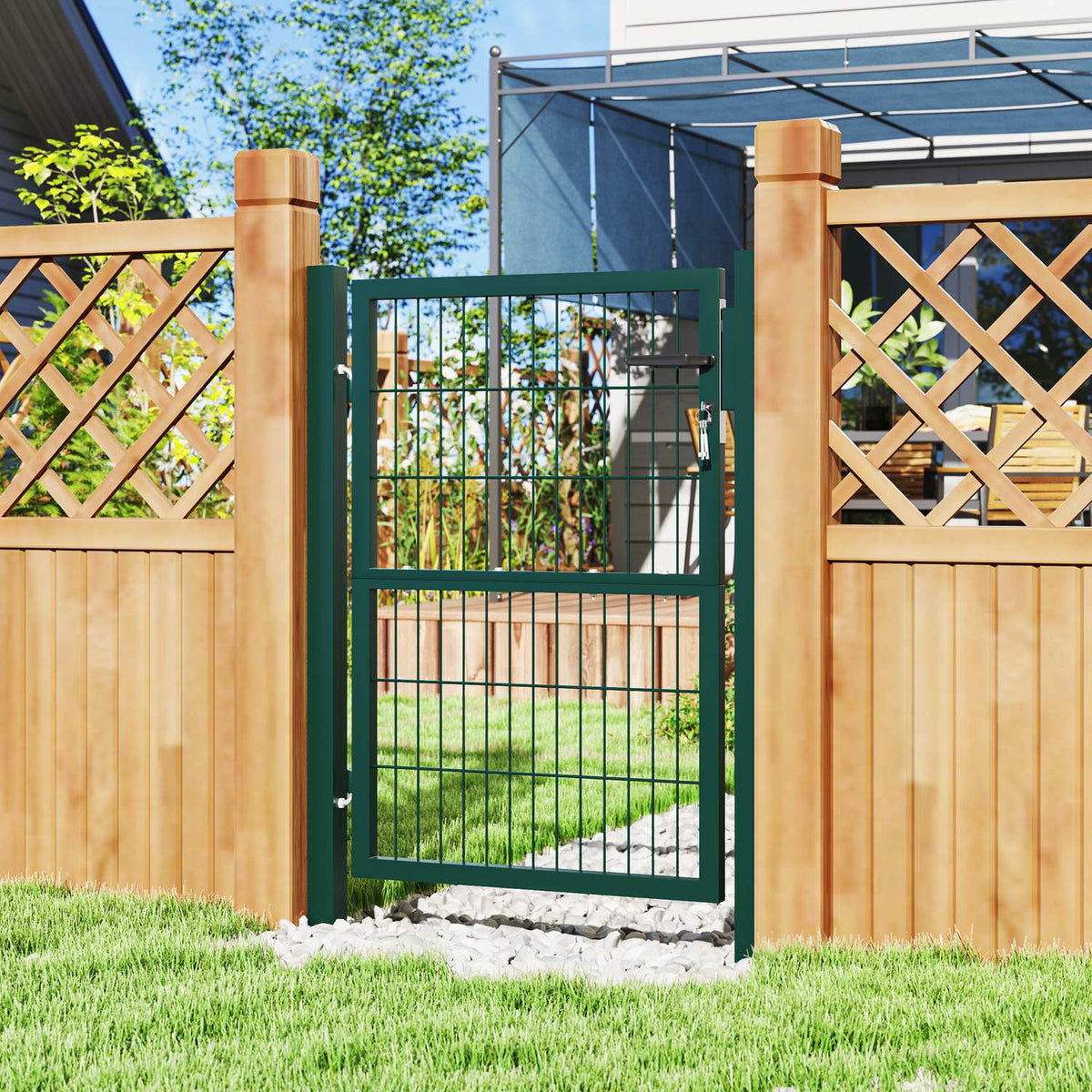 Garden gate made of steel, garden door with handle, lock, 3 keys, lockable, fence gate, 97 x 170 cm, yard gate, garden gate, gate for rod mesh fence, fence door for boundary fence, green