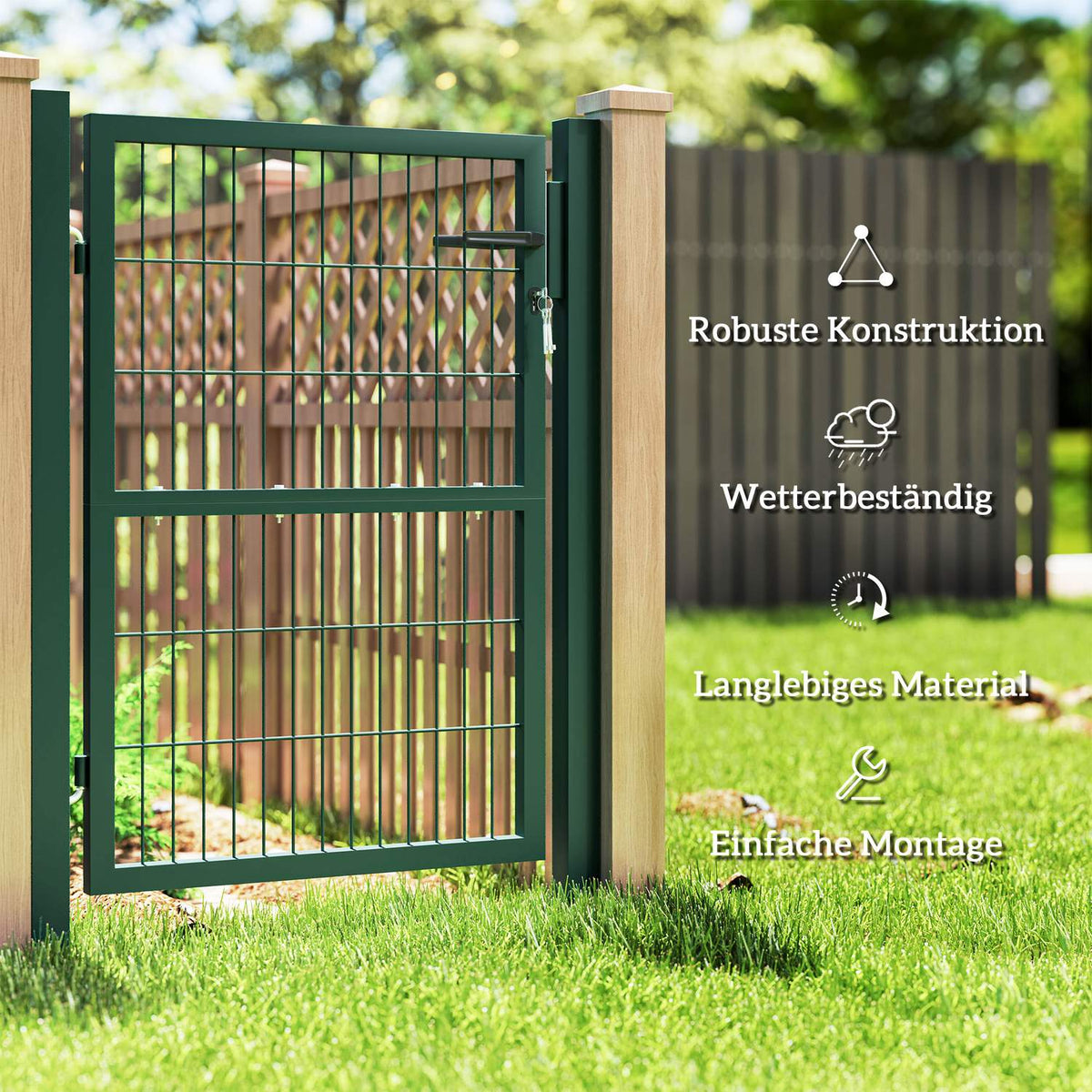 Garden gate made of steel, garden door with handle, lock, 3 keys, lockable, fence gate, 97 x 170 cm, yard gate, garden gate, gate for rod mesh fence, fence door for boundary fence, green