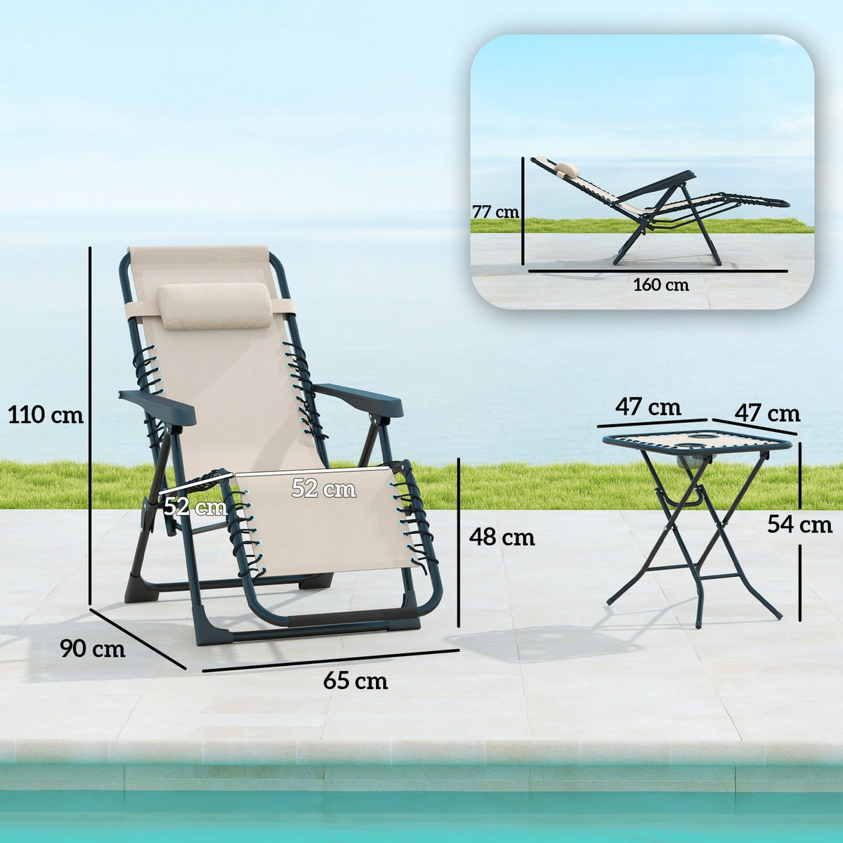 Garden lounger set 3 pieces. Folding sun lounger with tea table, 2 chairs, pillows, outdoor lounger, weatherproof, relaxation lounger, deck chair made of metal, beach lounger for garden, terrace, 90 x 56 x 110 cm, beige