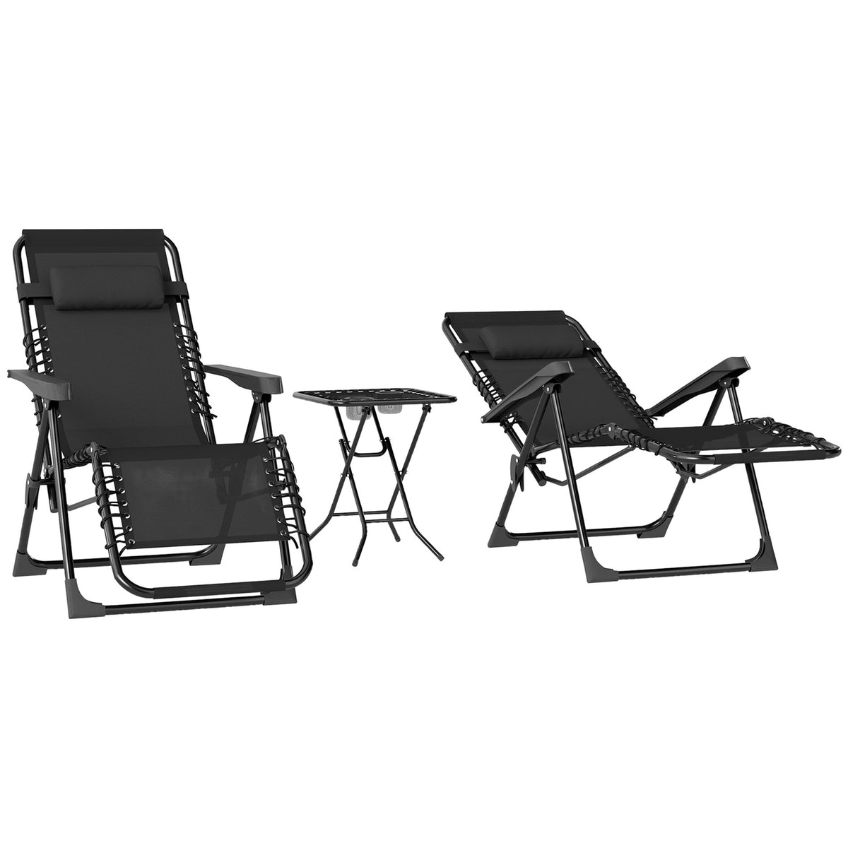 Garden lounger set 3 pieces. Folding sun lounger with tea table, 2 chairs, pillows, outdoor lounger, weatherproof, relaxation lounger, deck chair made of metal, beach lounger for garden, terrace, 90 x 56 x 110 cm, black