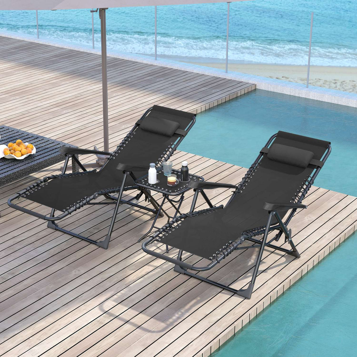 Garden lounger set 3 pieces. Folding sun lounger with tea table, 2 chairs, pillows, outdoor lounger, weatherproof, relaxation lounger, deck chair made of metal, beach lounger for garden, terrace, 90 x 56 x 110 cm, black
