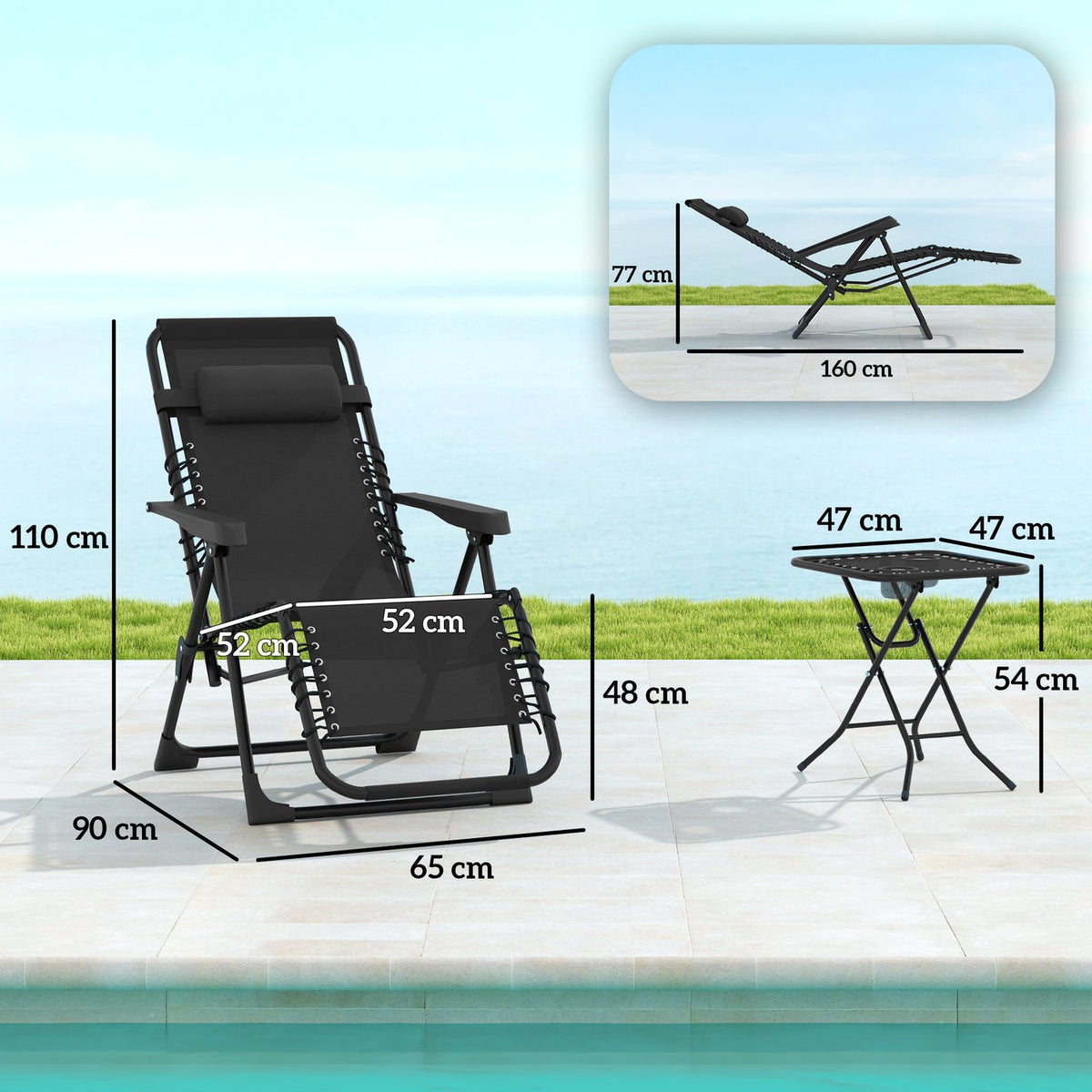 Garden lounger set 3 pieces. Folding sun lounger with tea table, 2 chairs, pillows, outdoor lounger, weatherproof, relaxation lounger, deck chair made of metal, beach lounger for garden, terrace, 90 x 56 x 110 cm, black