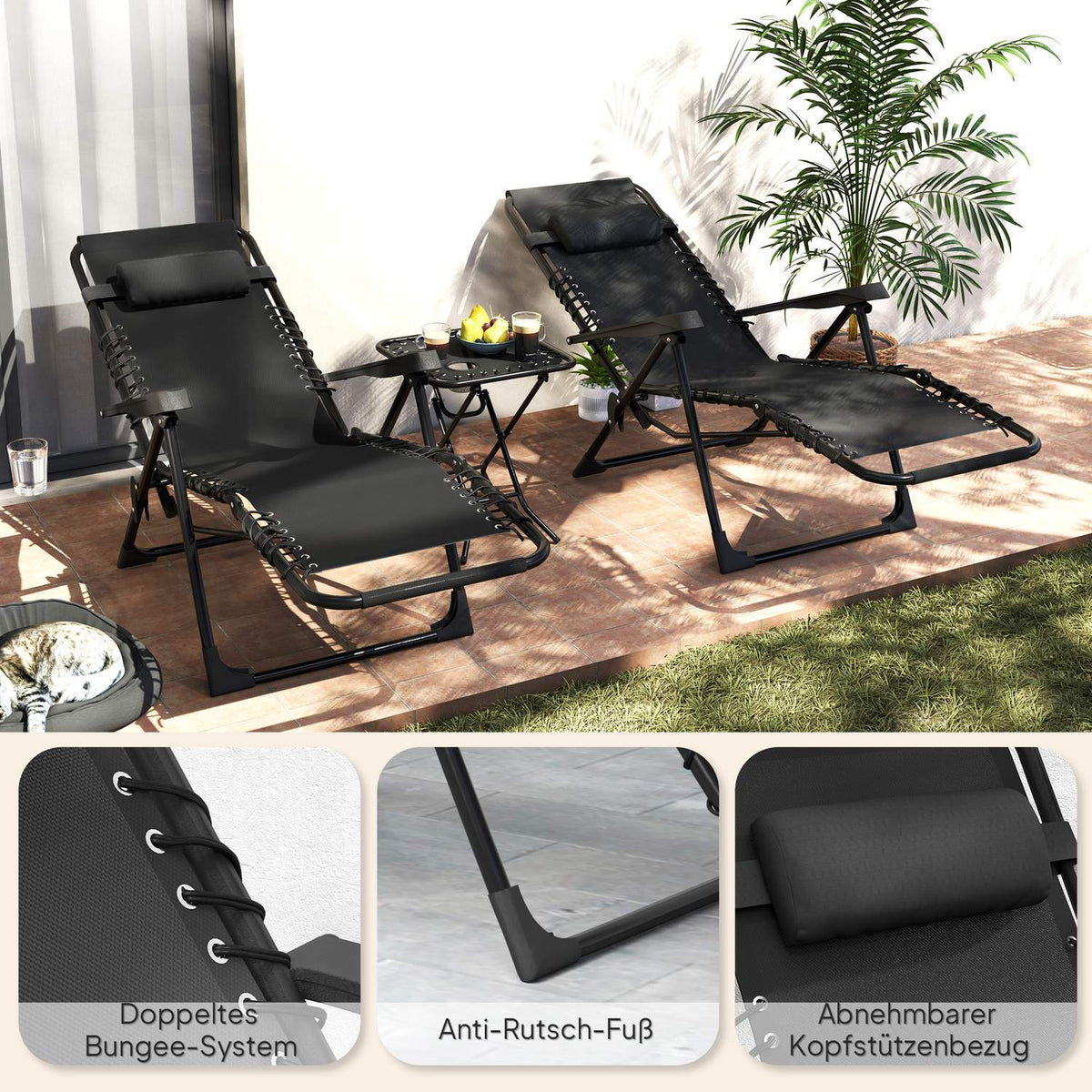 Garden lounger set 3 pieces. Folding sun lounger with tea table, 2 chairs, pillows, outdoor lounger, weatherproof, relaxation lounger, deck chair made of metal, beach lounger for garden, terrace, 90 x 56 x 110 cm, black