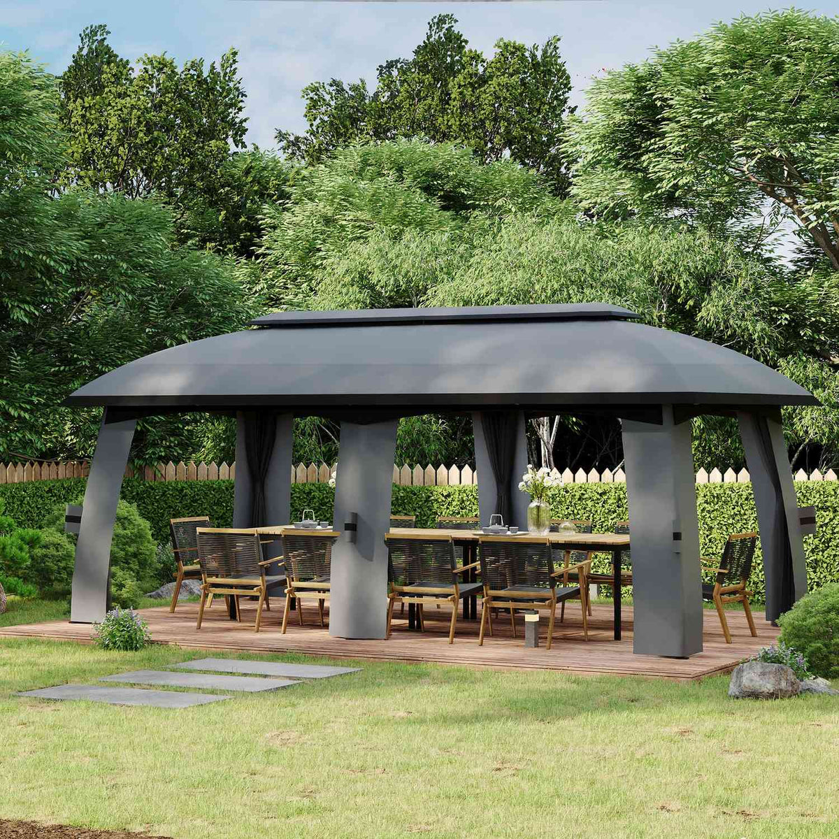 Garden pavilion 3 x 6 m party tent with double roof & side walls, fly nets for up to 15 people, galvanized metal, dark gray