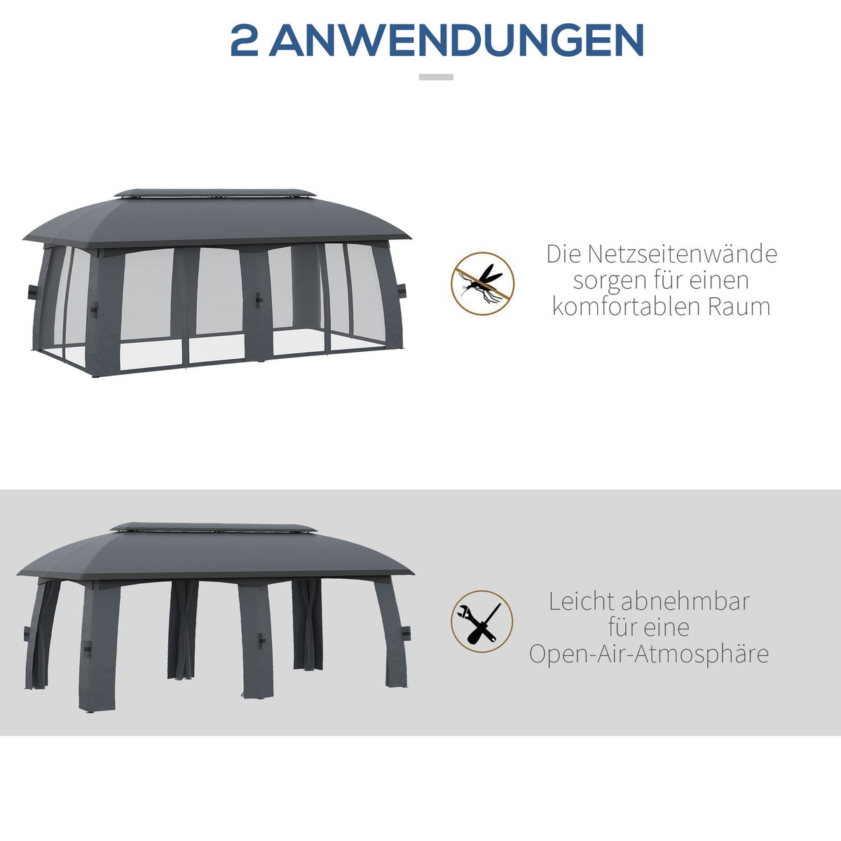 Garden pavilion 3 x 6 m party tent with double roof & side walls, fly nets for up to 15 people, galvanized metal, dark gray