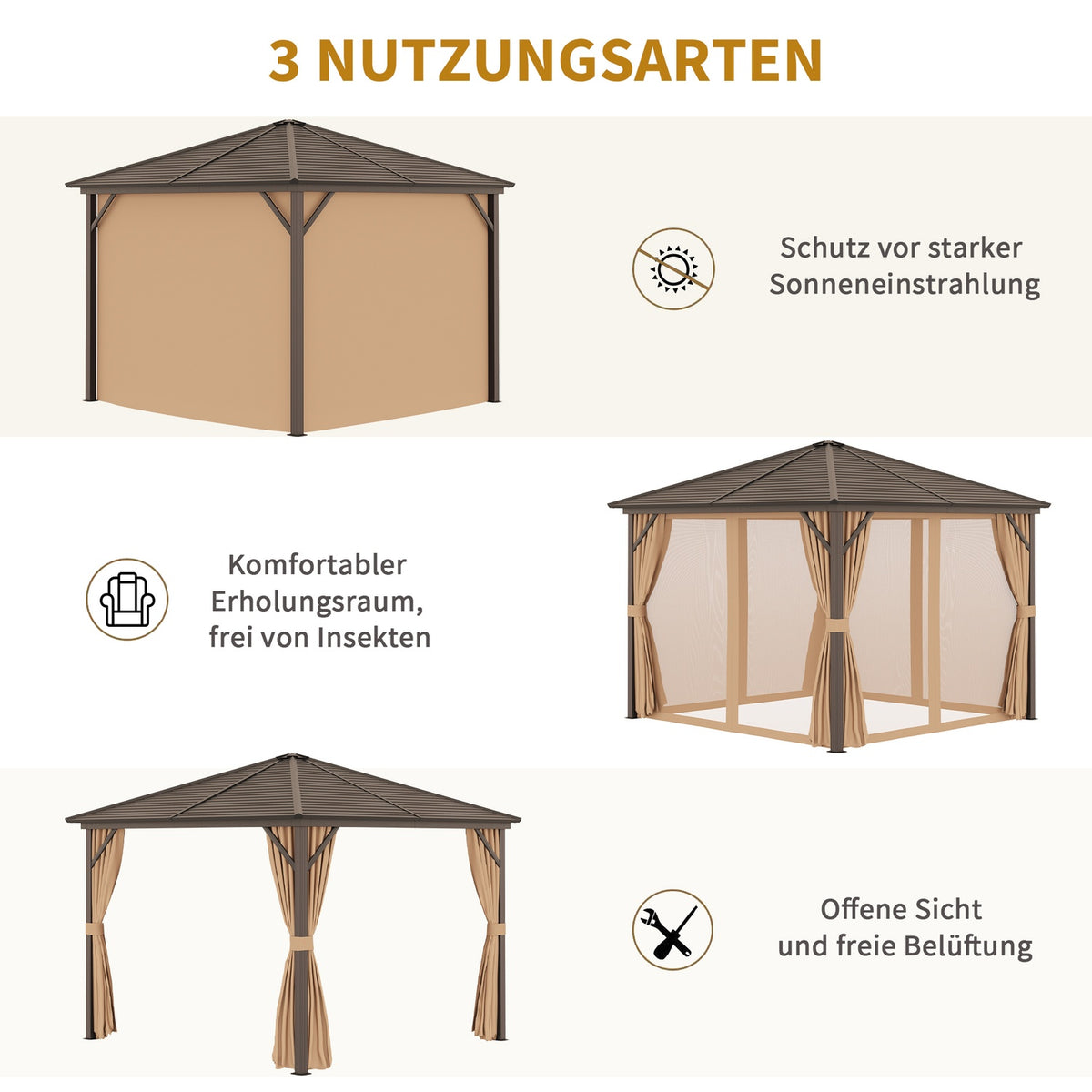Garden pavilion party tent 4 x double side walls lantern hooks aluminum + polyester bronze + light brown approx. 3 x 3 x 2.5 m |