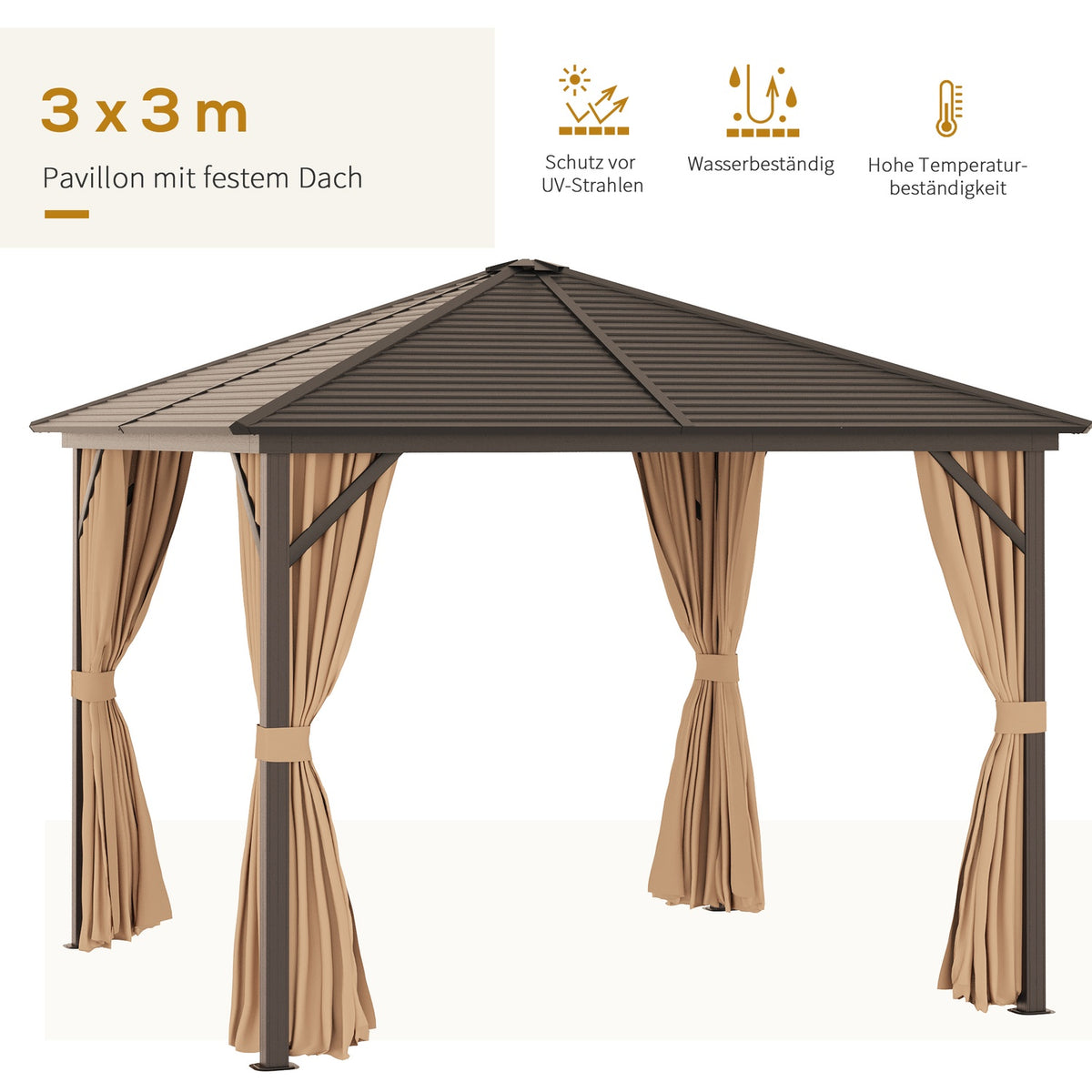 Garden pavilion party tent 4 x double side walls lantern hooks aluminum + polyester bronze + light brown approx. 3 x 3 x 2.5 m |