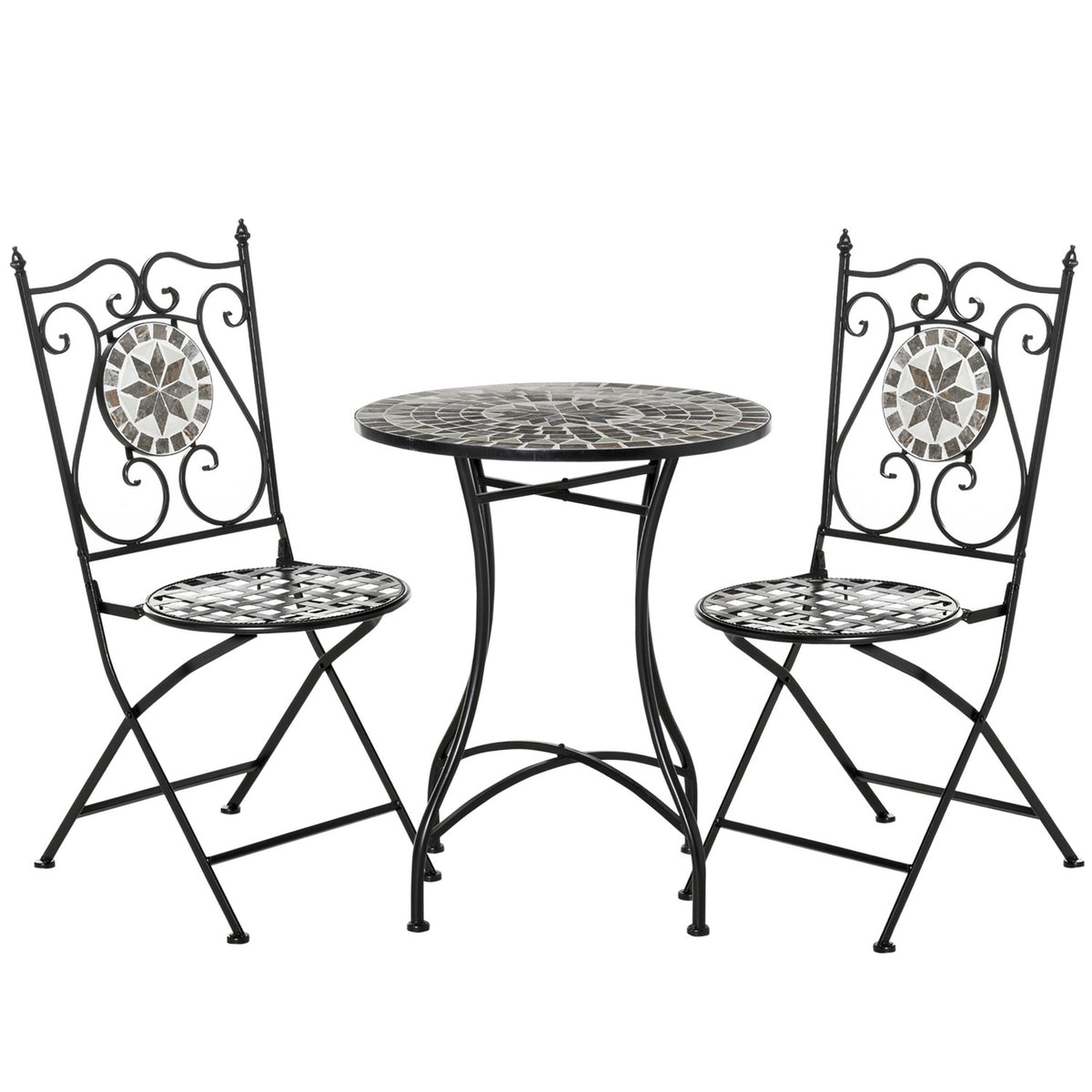 Garden seating group for 2 people balcony furniture set with mosaic table and foldable chairs made of metal with ceramic tiles in multi-colored