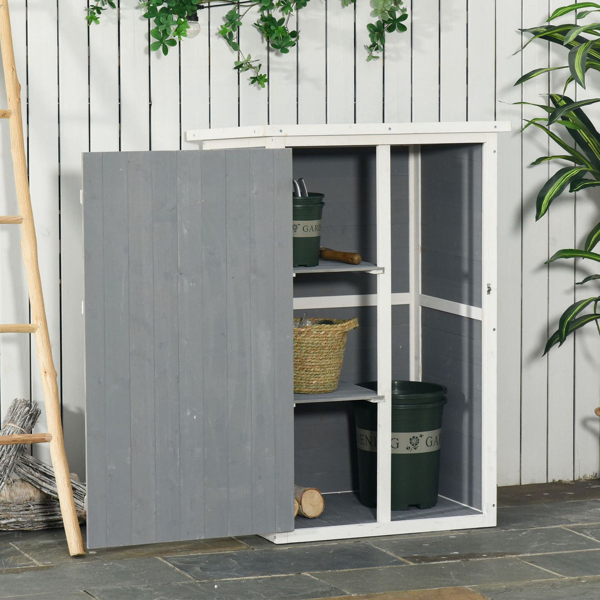 Garden shed tool shed shelves fir black + gray + white 75x56x115cm