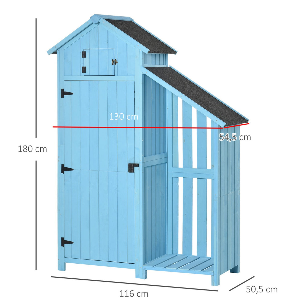 Garden shed tool shed with firewood storage room 3 shelves asphalt roof fir wood sky blue 130x54.5x180cm for garden & terrace