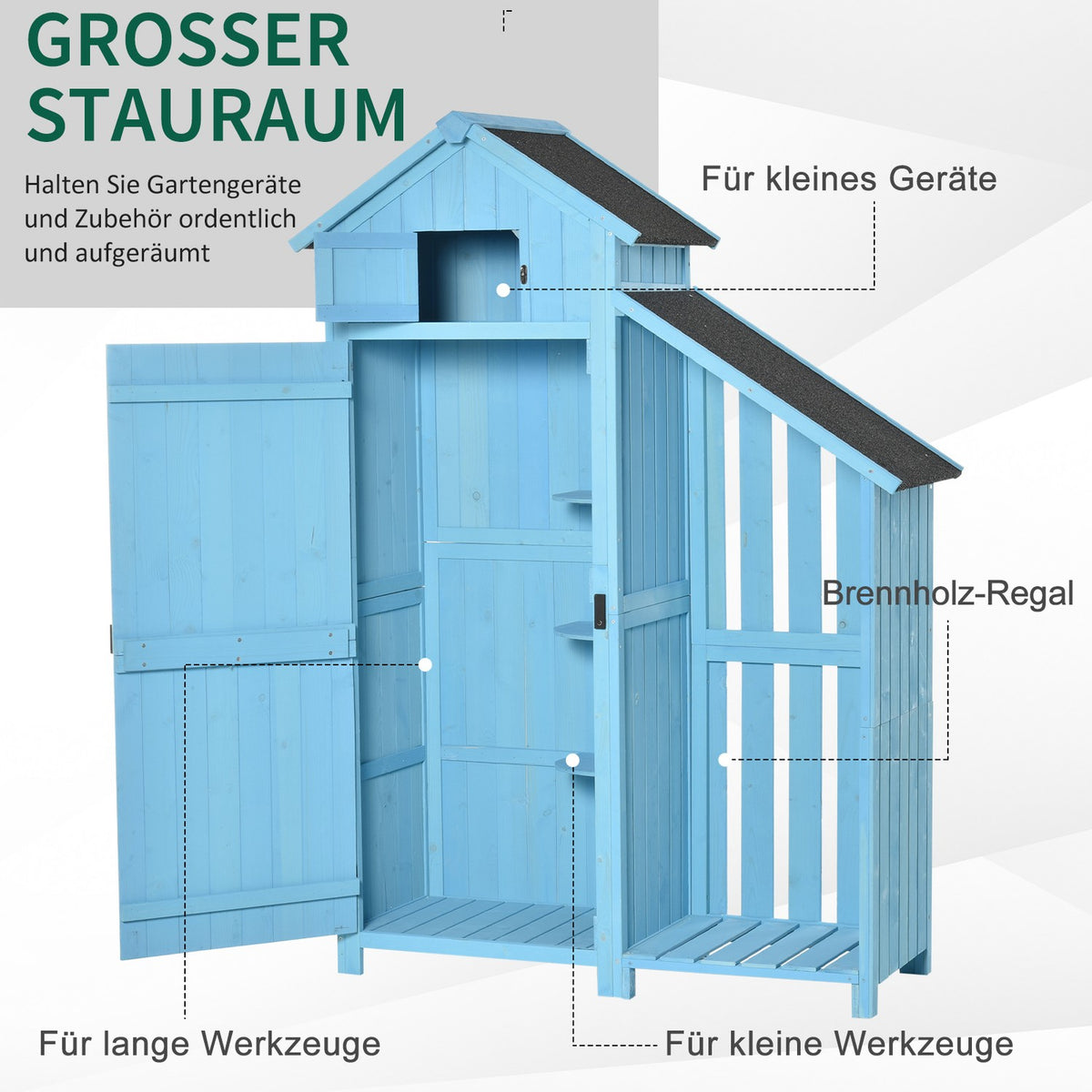 Garden shed tool shed with firewood storage room 3 shelves asphalt roof fir wood sky blue 130x54.5x180cm for garden & terrace