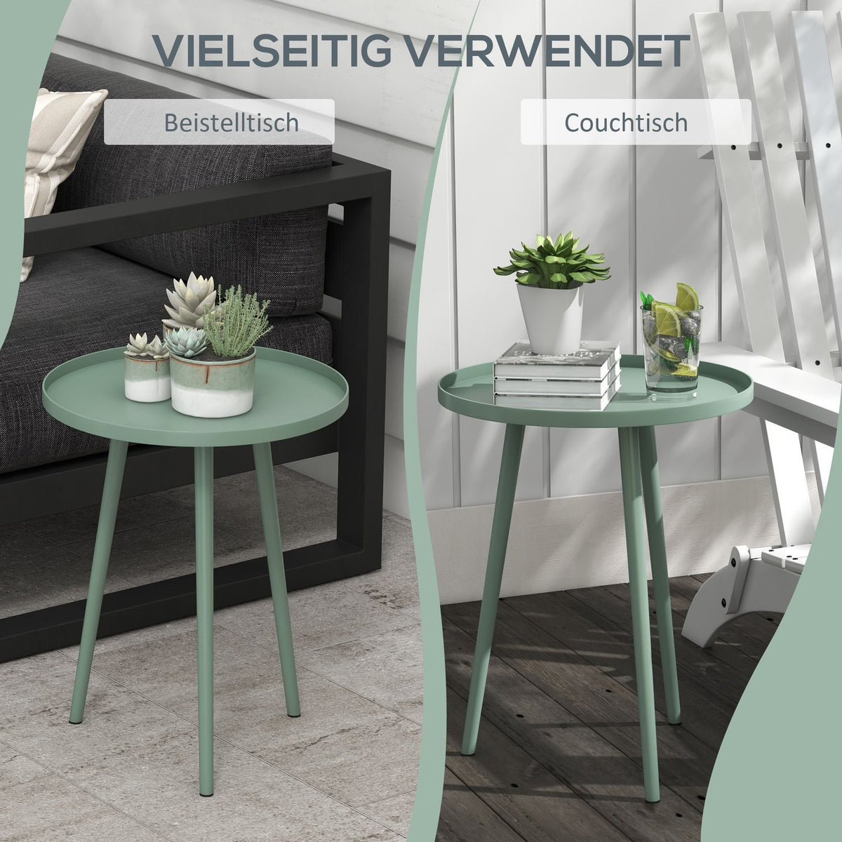 Garden side table, weatherproof garden table with raised edge, balcony table made of steel, round coffee table 20kg load capacity, Ø40x50H cm, sofa table for outdoor indoor balcony terrace green
