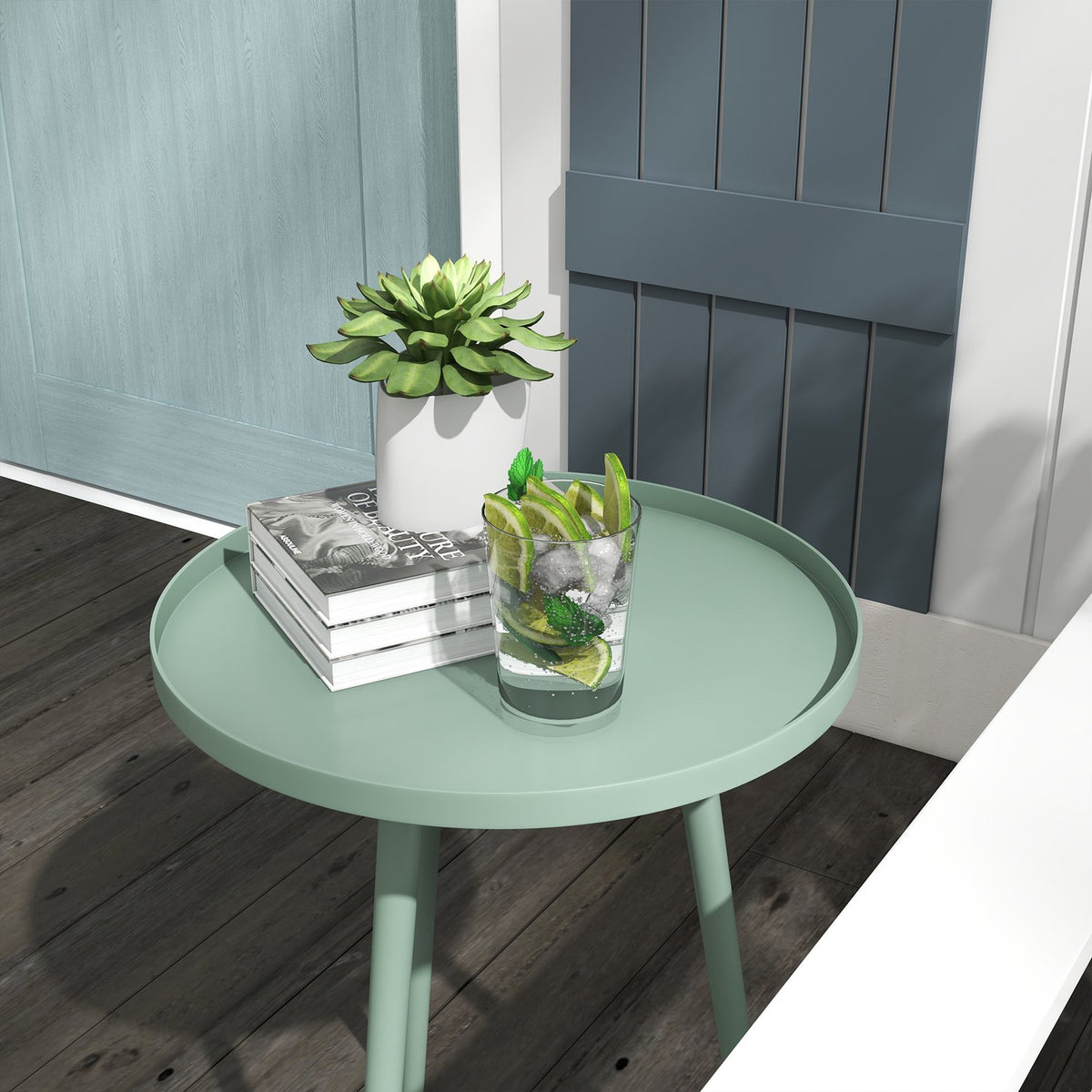 Garden side table, weatherproof garden table with raised edge, balcony table made of steel, round coffee table 20kg load capacity, Ø40x50H cm, sofa table for outdoor indoor balcony terrace green