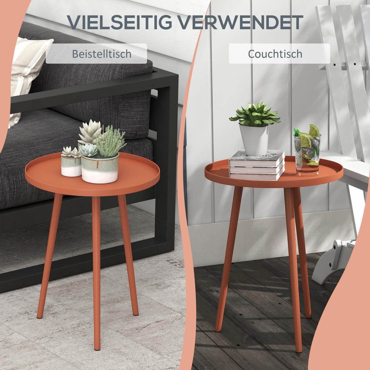 Garden side table, weatherproof garden table with raised edge, balcony table made of steel, round coffee table 20kg load capacity, Ø40x50H cm, sofa table for outdoor indoor balcony terrace red