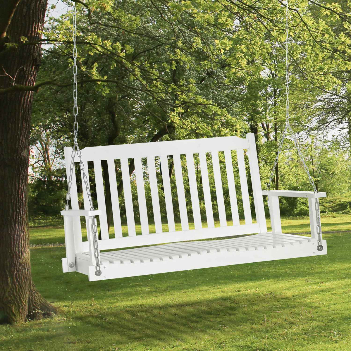 Garden swing swing bench hanging bench for 2, solid wood, ideal for patio & terrace, white, 117x69x60cm