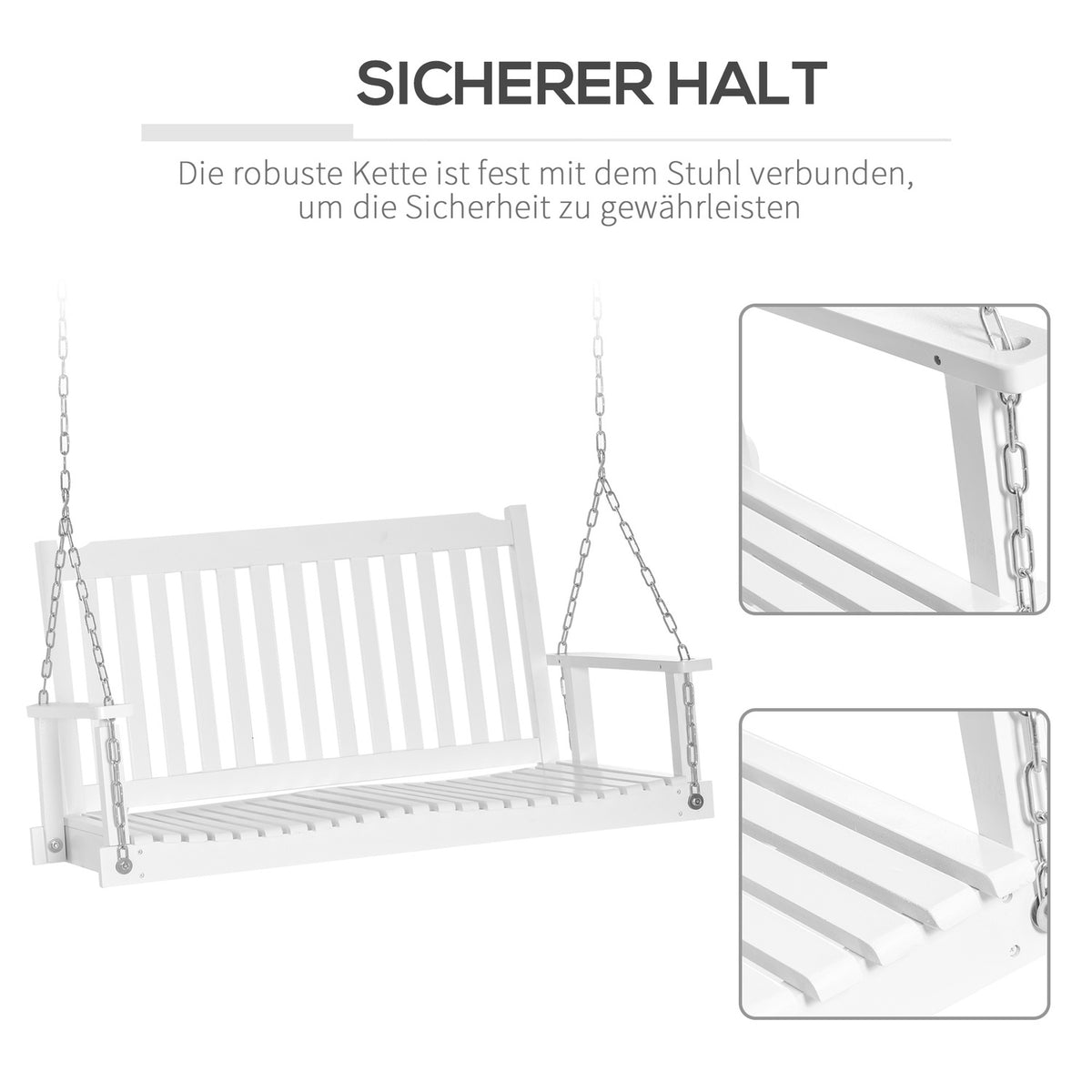 Garden swing swing bench hanging bench for 2, solid wood, ideal for patio & terrace, white, 117x69x60cm