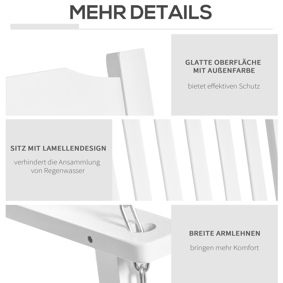 Garden swing swing bench hanging bench for 2, solid wood, ideal for patio & terrace, white, 117x69x60cm
