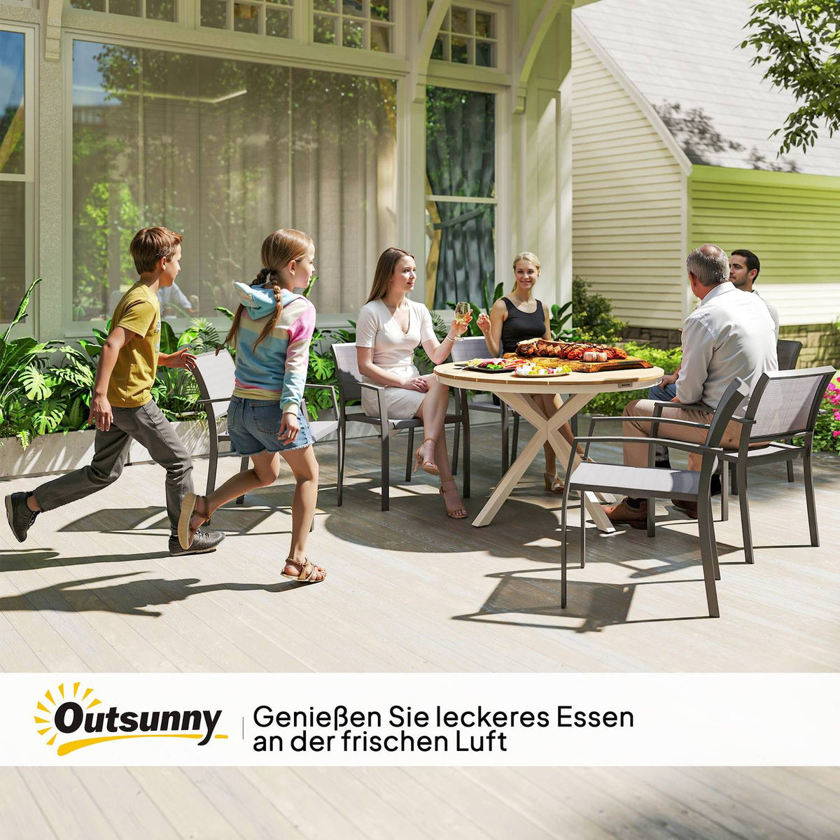 Garden table Ø118cm, weatherproof balcony table made of aluminum, side table with cross legs slatted design outdoor dining table, camping table, round patio table for garden balcony teak |