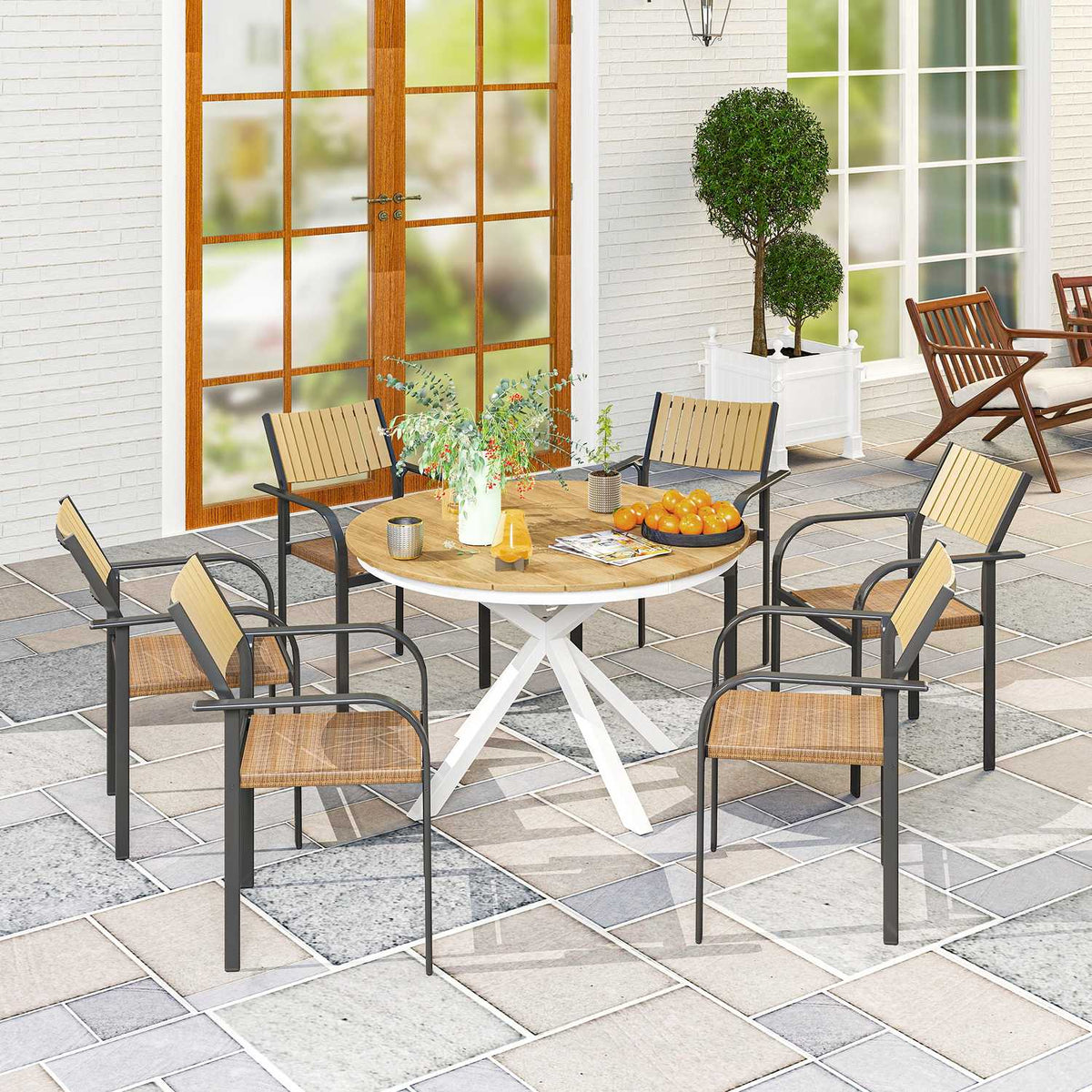Garden table Ø118cm, weatherproof balcony table made of aluminum, side table with cross legs slatted design outdoor dining table, camping table, round patio table for garden balcony teak |