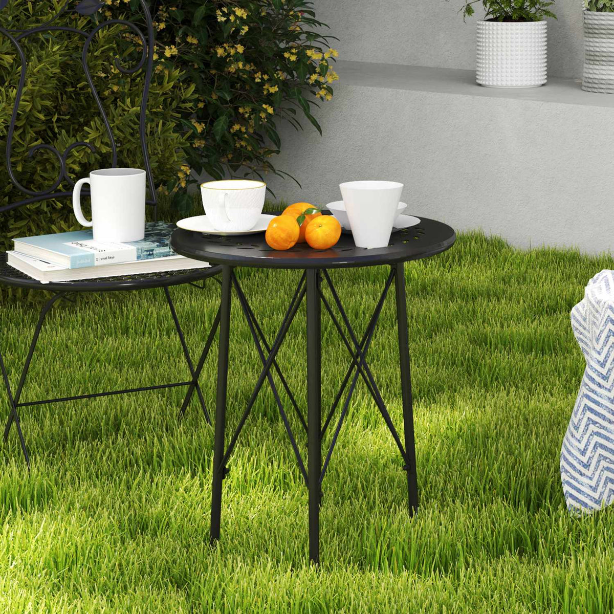 Garden table Ø40 x 50cm, weatherproof balcony table made of steel, side table with floral design protective feet, round outdoor dining table, camping table, patio table for garden, terrace, balcony, black