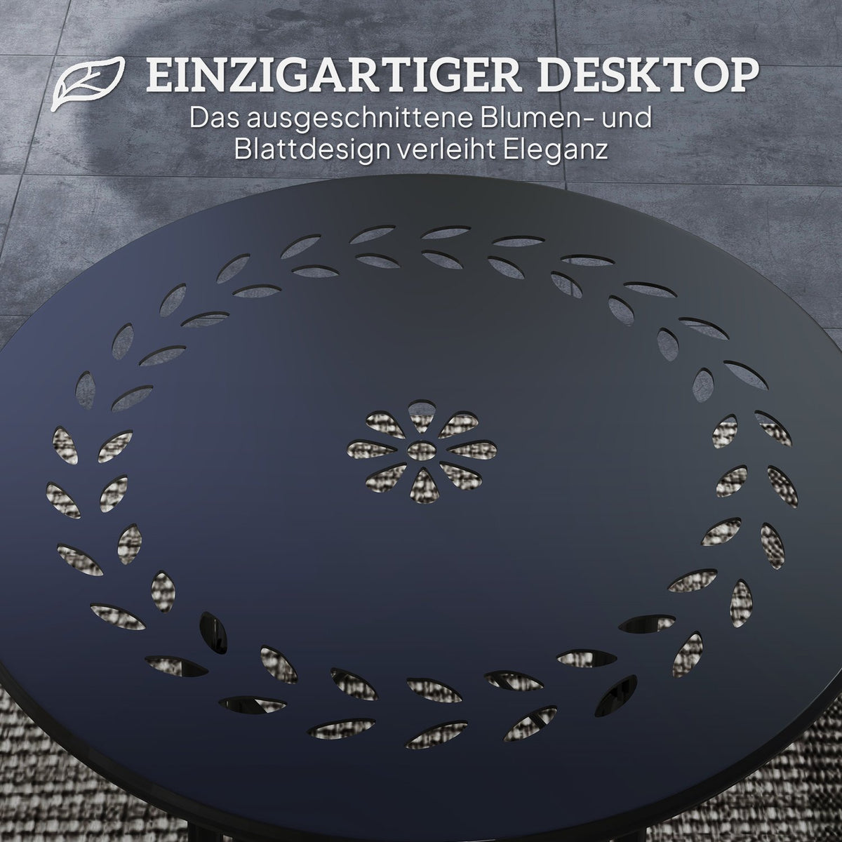 Garden table Ø40 x 50cm, weatherproof balcony table made of steel, side table with floral design protective feet, round outdoor dining table, camping table, patio table for garden, terrace, balcony, black