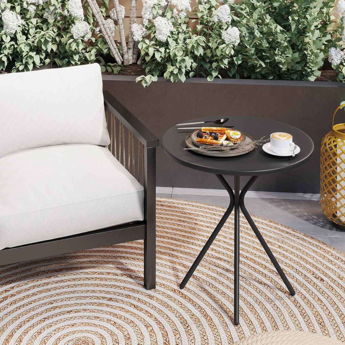 Garden table Ø60 x 70 cm, weatherproof balcony table made of steel, round dining table with foot padding, outdoor camping table, side table, patio table for garden, terrace, balcony, black