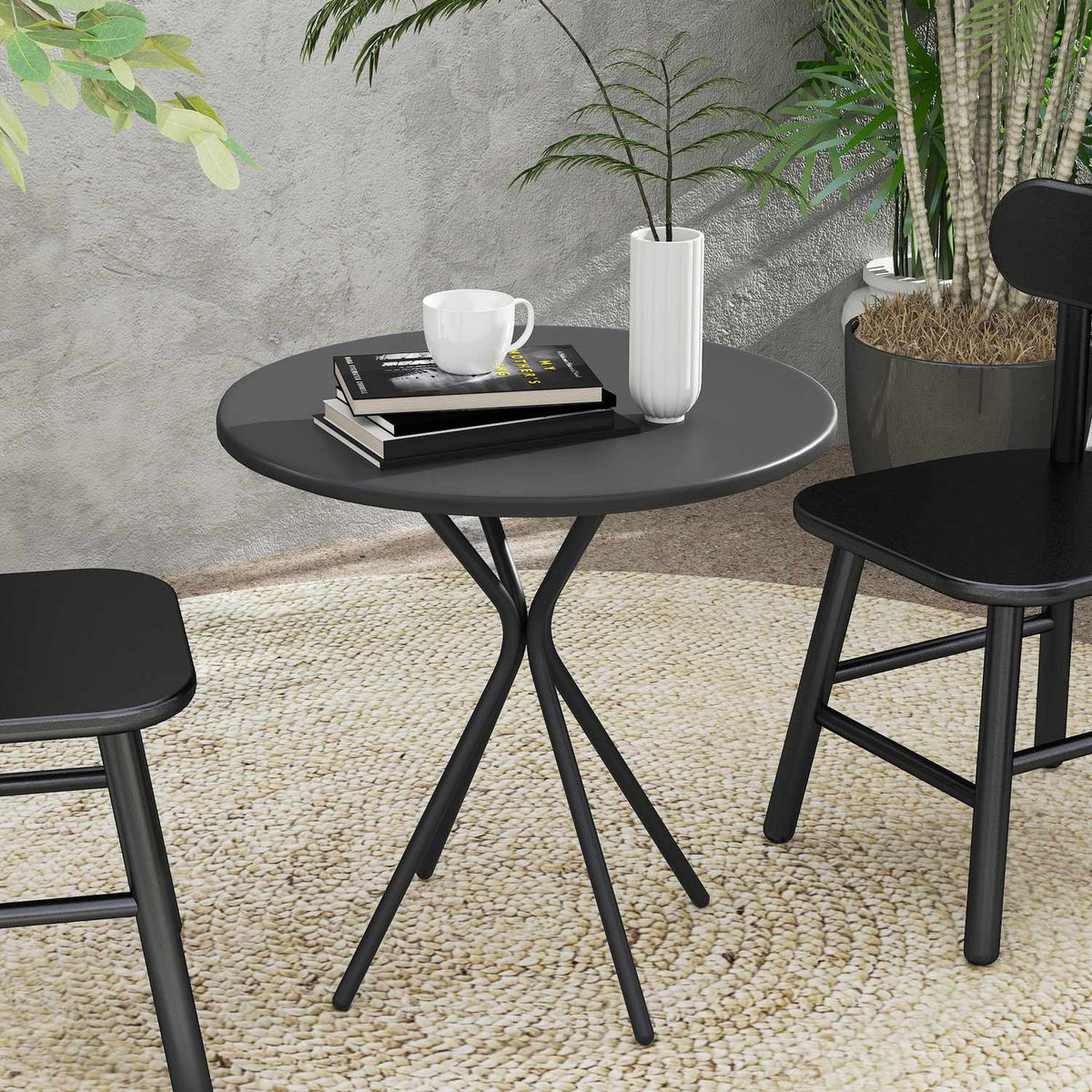 Garden table Ø60 x 70 cm, weatherproof balcony table made of steel, round dining table with foot padding, outdoor camping table, side table, patio table for garden, terrace, balcony, black