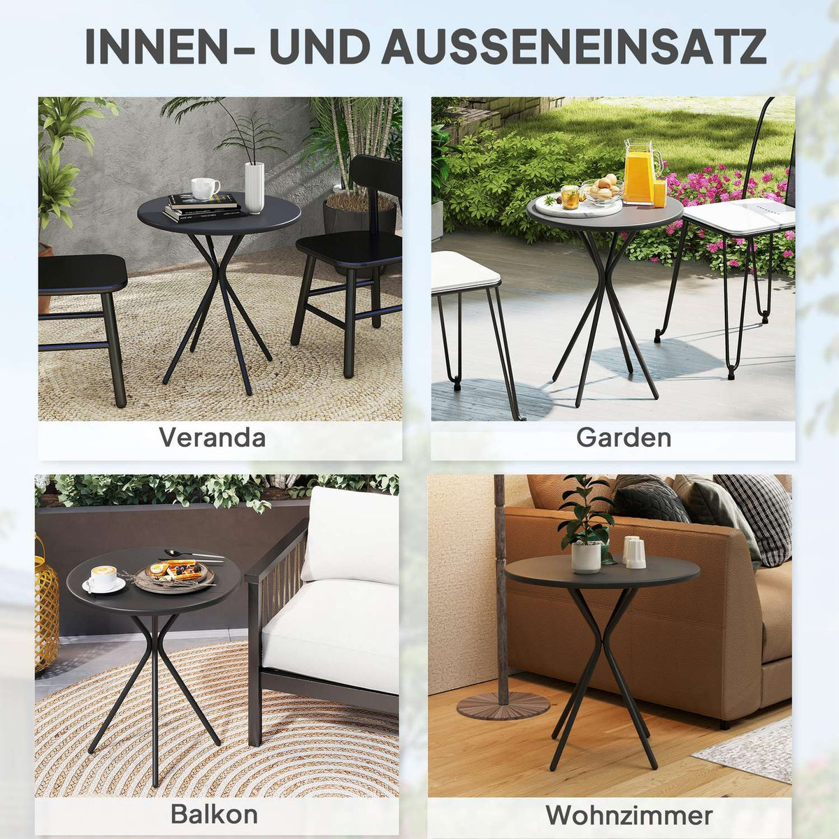 Garden table Ø60 x 70 cm, weatherproof balcony table made of steel, round dining table with foot padding, outdoor camping table, side table, patio table for garden, terrace, balcony, black