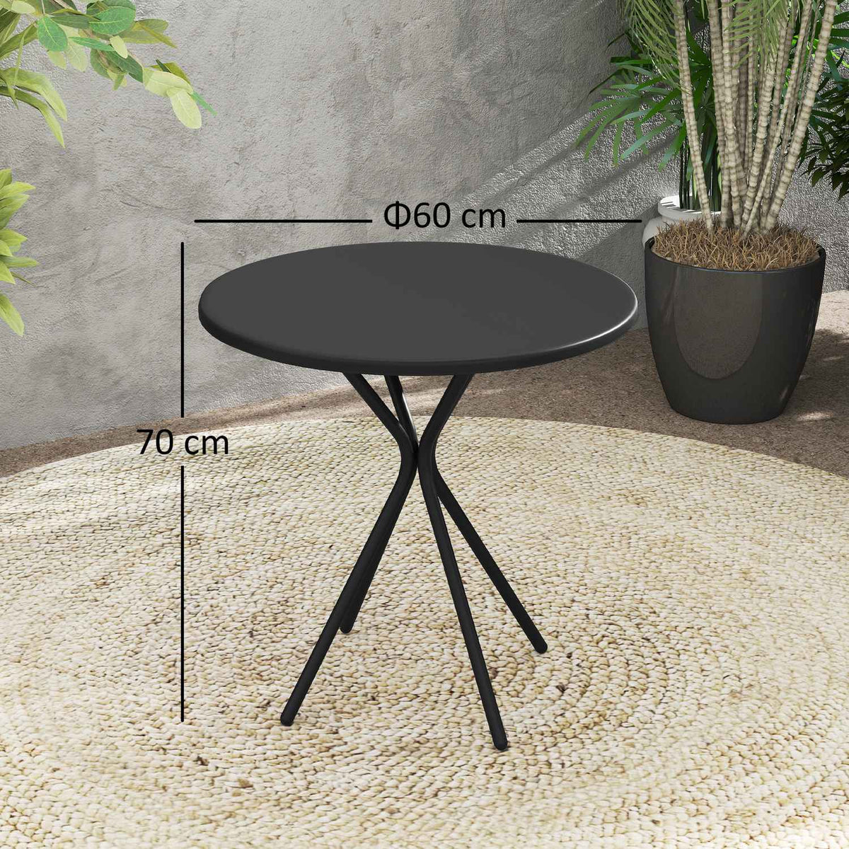 Garden table Ø60 x 70 cm, weatherproof balcony table made of steel, round dining table with foot padding, outdoor camping table, side table, patio table for garden, terrace, balcony, black