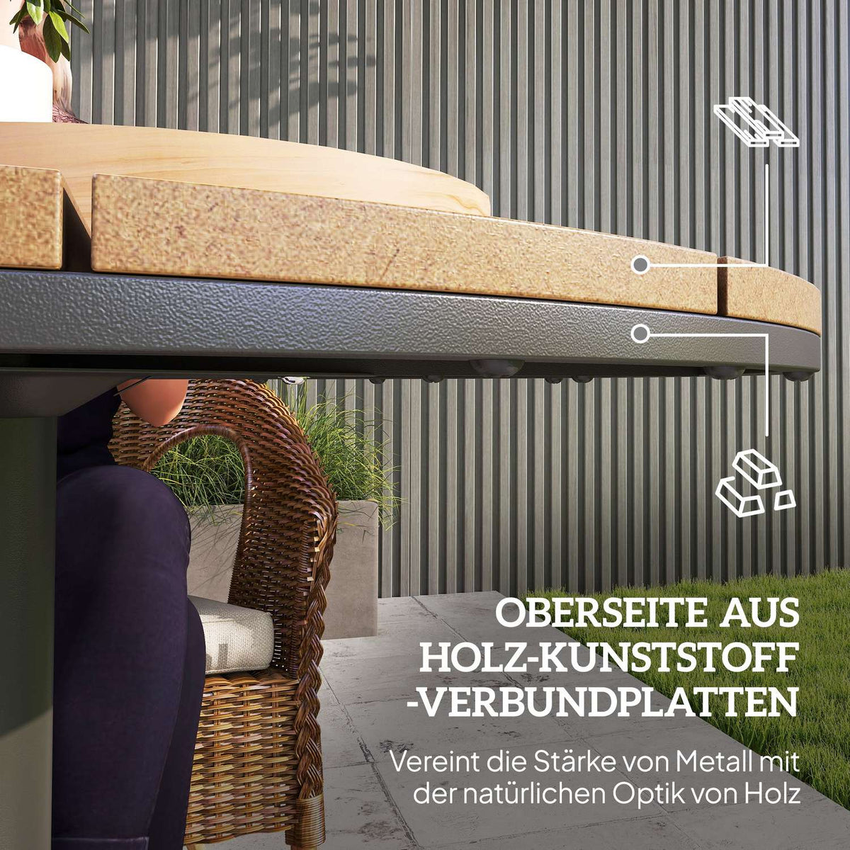 Garden table Ø70 cm, weatherproof round balcony table with slat design, steel outdoor dining table, camping table, side table, patio table for garden, terrace, balcony, natural wood