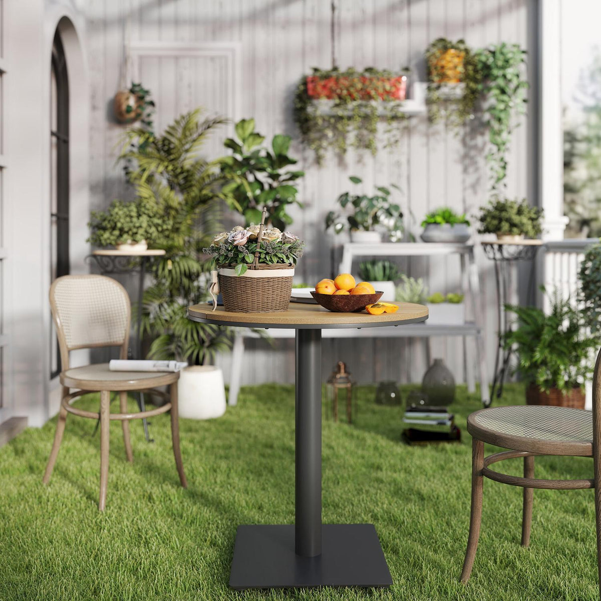 Garden table Ø70 cm, weatherproof round balcony table with slat design, steel outdoor dining table, camping table, side table, patio table for garden, terrace, balcony, natural wood