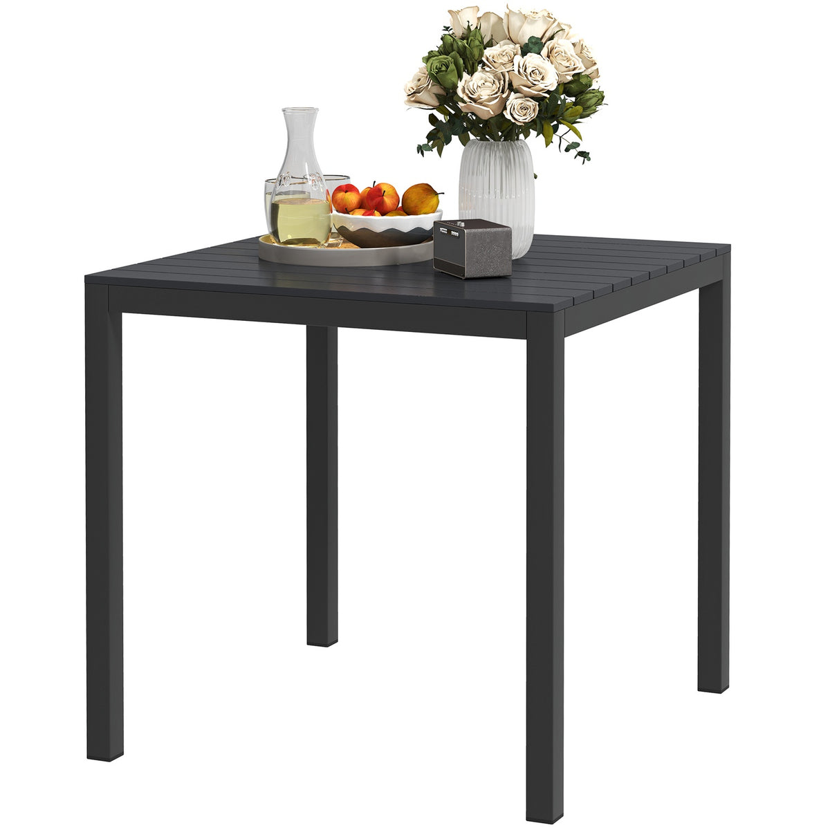 Garden table aluminum 73x73 cm weatherproof buffet table with wood look, camping table for 4 people, non-slip balcony table, outdoor dining table for garden, terrace, balcony, black