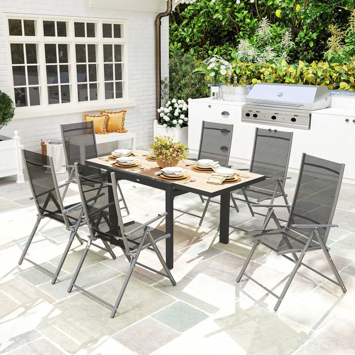 Garden table extendable aluminum 80/160x80 cm weatherproof balcony table non-slip buffet table camping table for 6 people patio table outdoor dining table for garden, terrace balcony natural wood
