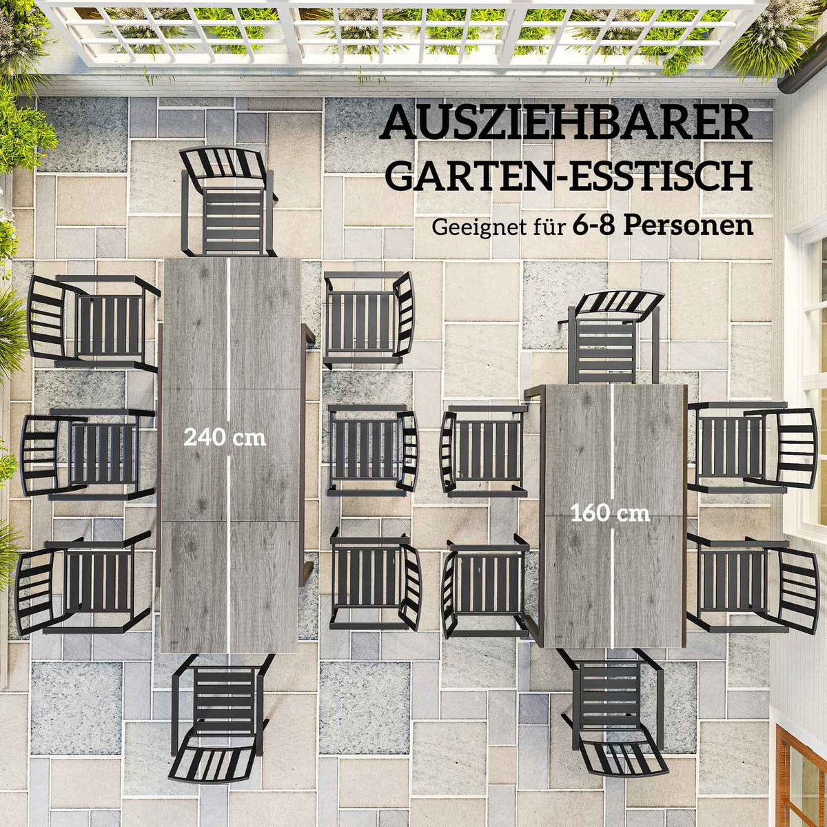 Garden table extendable dining table for 6-8 people, 160/240 x 90cm aluminum balcony table with wood look, weatherproof patio table, outdoor buffet table for garden, terrace, balcony, gray