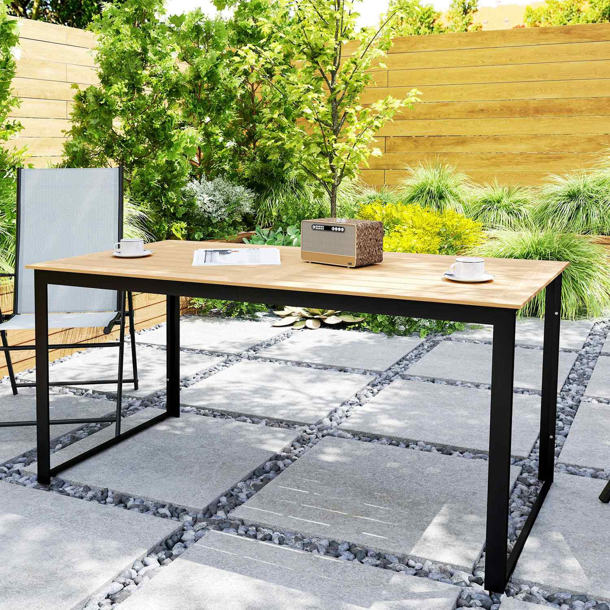 Garden table for 6 people 160 x 80 cm weatherproof balcony table with wood look slat design, buffet table metal camping table patio table outdoor dining table for garden, terrace balcony teak