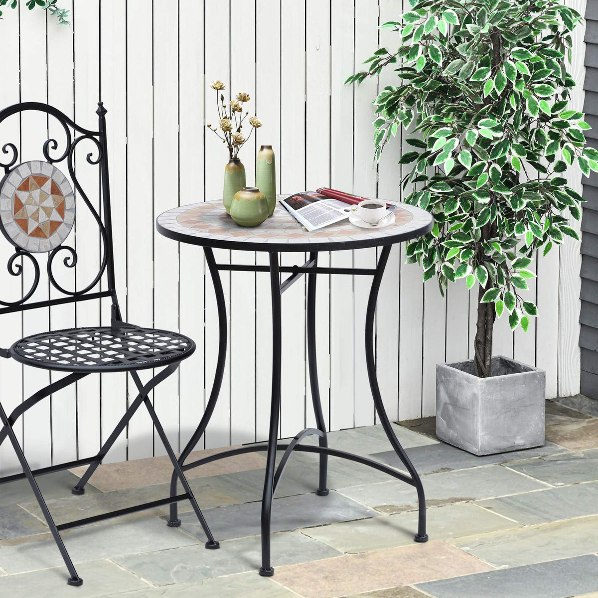 Garden table mosaic table balcony table side table serving table round steel + ceramic orange + white Ø60 x H71 cm