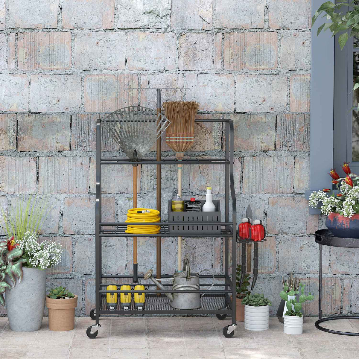 Garden tool organizer 3-tier garden tool stand with hooks garden tool stand up to 40 kg load device holder multi-purpose broom holder for garage, shed, 77x40x97cm black