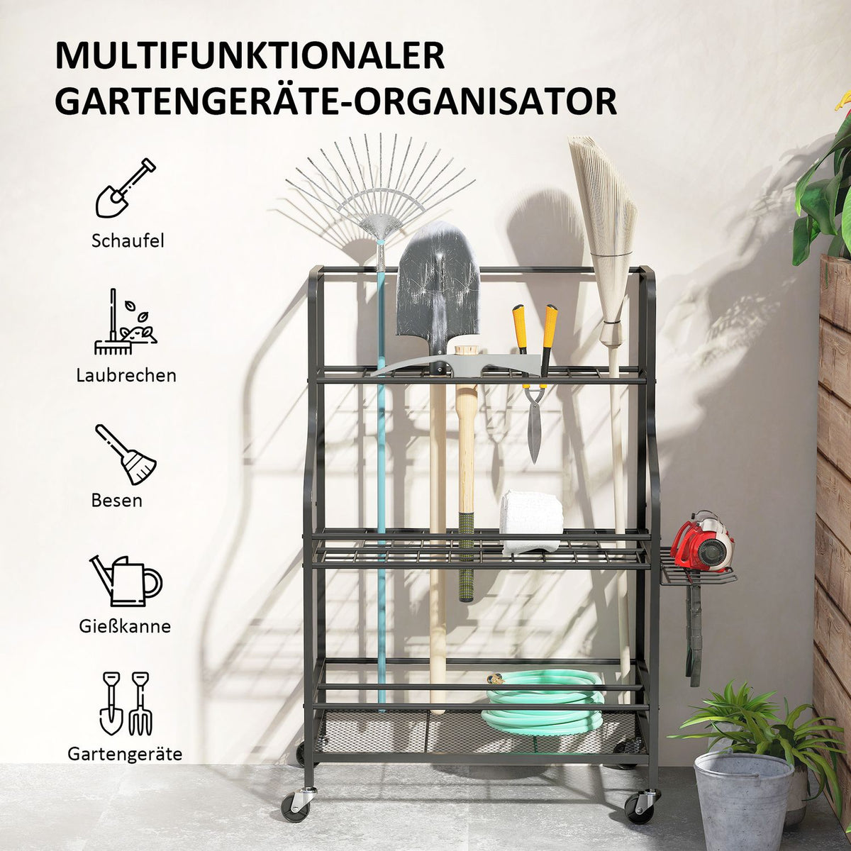 Garden tool organizer 3-tier garden tool stand with hooks garden tool stand up to 40 kg load device holder multi-purpose broom holder for garage, shed, 77x40x97cm black