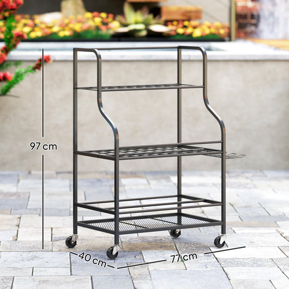 Garden tool organizer 3-tier garden tool stand with hooks garden tool stand up to 40 kg load device holder multi-purpose broom holder for garage, shed, 77x40x97cm black