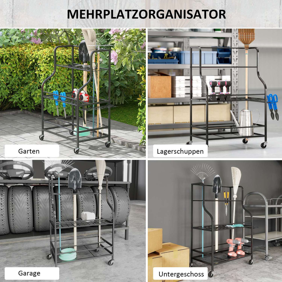 Garden tool organizer 3-tier garden tool stand with hooks garden tool stand up to 40 kg load device holder multi-purpose broom holder for garage, shed, 77x40x97cm black