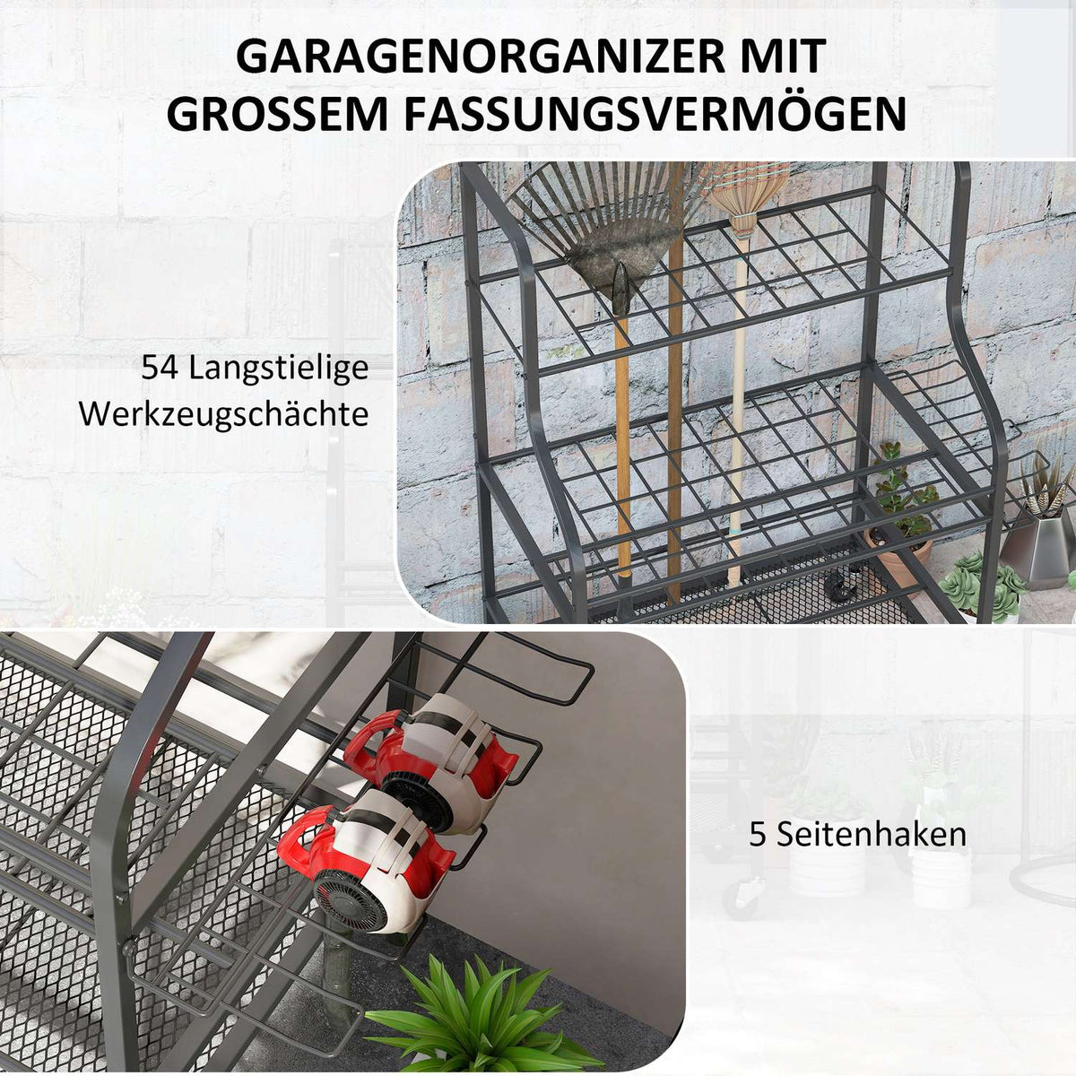 Garden tool organizer 3-tier garden tool stand with hooks garden tool stand up to 40 kg load device holder multi-purpose broom holder for garage, shed, 77x40x97cm black